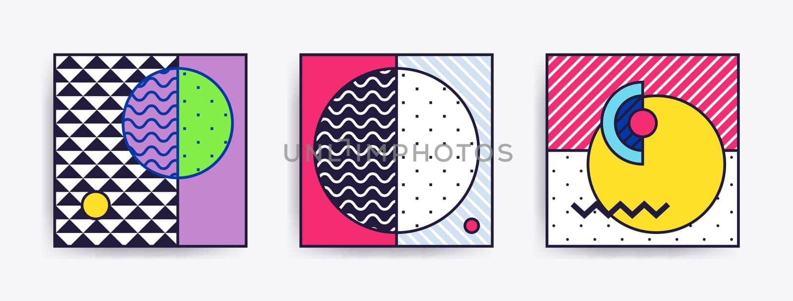 Big Collection with trendy backgrounds for your project, animation, advertisement, commercial banner, flyer, sale, frame. Simple poster, patches, badges in mix neo memphis, pop art style