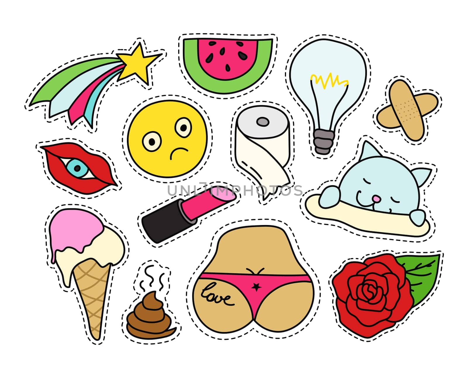 Fashion patch badges set. Isolated vector illustration with editable strokes. Stickers, pins, patches in cartoon 80s-90s comic style.