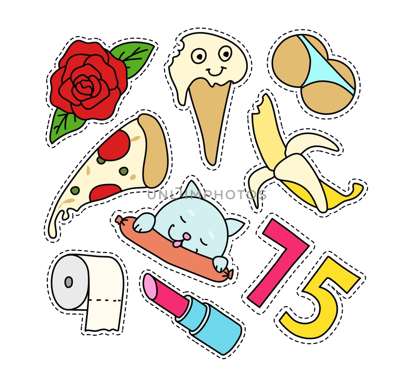 Fashion patch badges set. Isolated vector illustration with editable strokes. Stickers, pins, patches in cartoon 80s-90s comic style.
