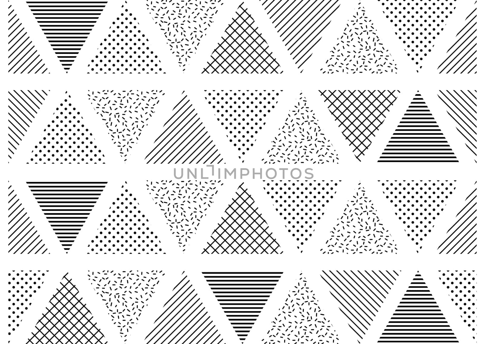 Vector Seamless Pattern. Abstract Geometric Black and White Doted Linear Triangle, Stylish Tiles with different ornament, Retro illustration. Simple background of perforated rhombus