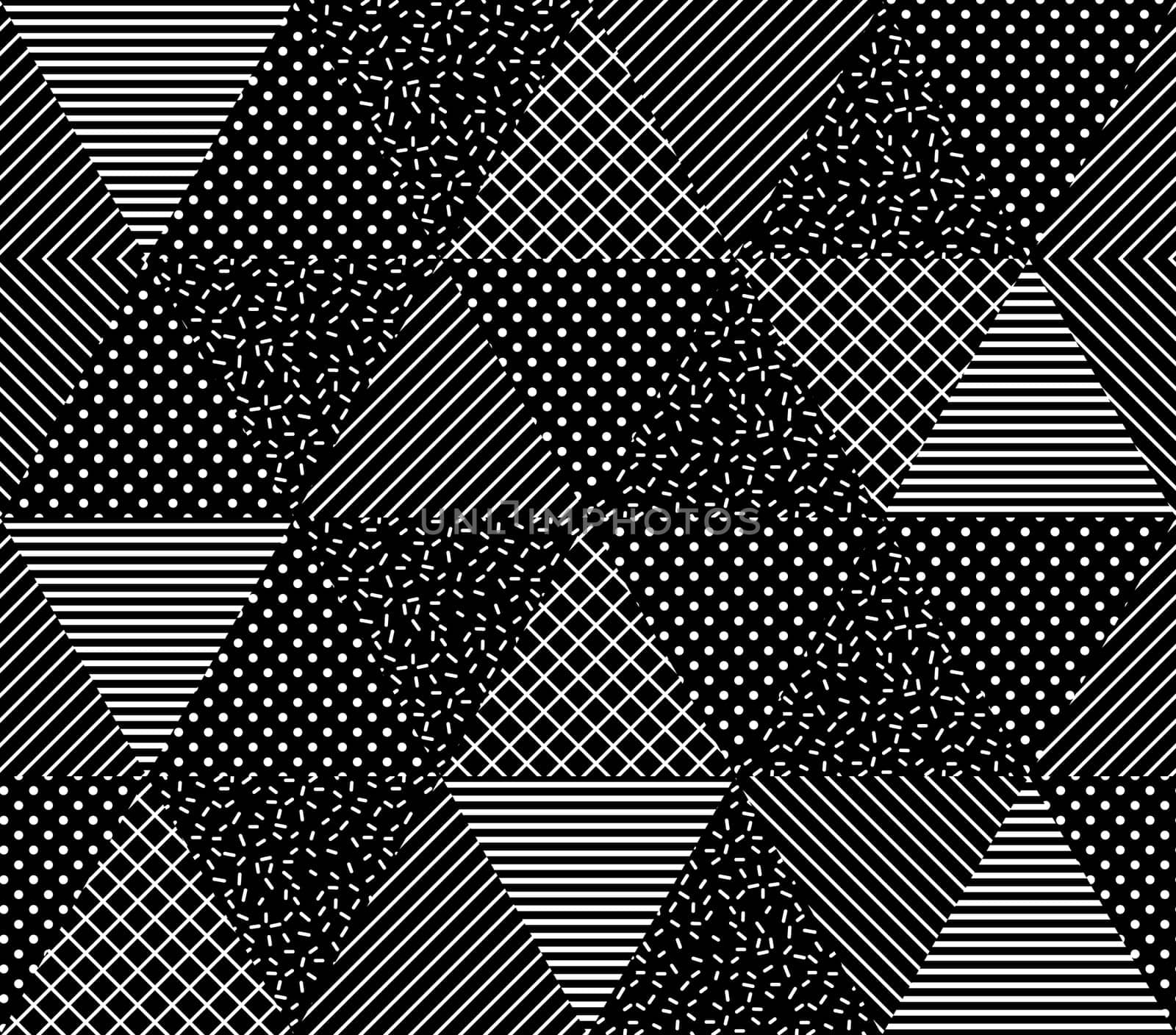 Vector Seamless Pattern. Abstract Geometric Black and White Doted Linear Triangle, Stylish Tiles with different ornament, Retro illustration. Simple background of perforated rhombus