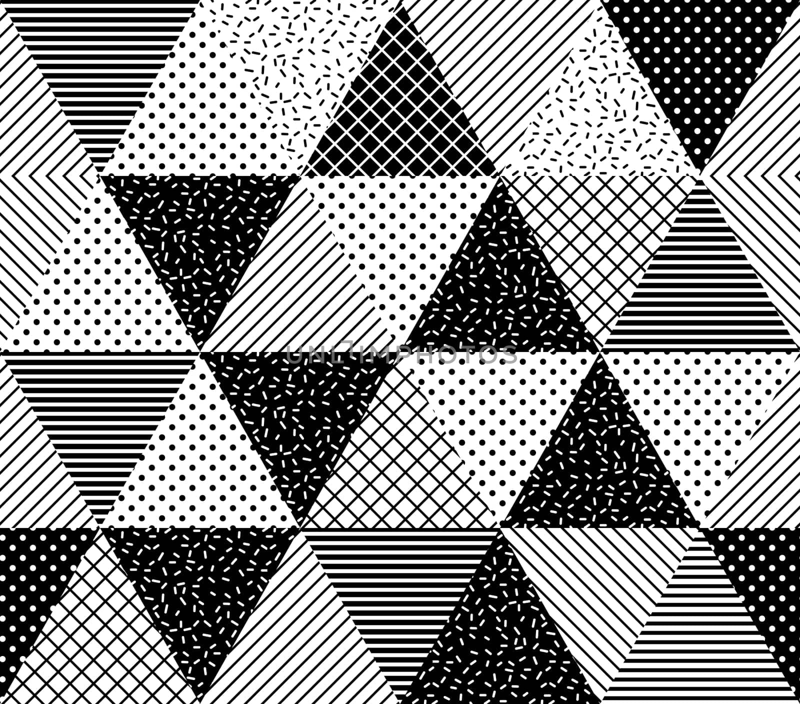Vector Seamless Pattern. Abstract Geometric Black and White Doted Linear Triangle, Stylish Tiles with different ornament, Retro illustration. Simple background of perforated rhombus