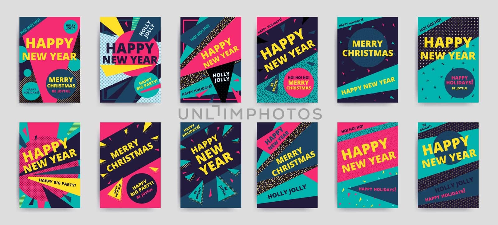 Merry christmas New Year design, eye catching banner template. Bright colorful vector illustrations for greeting card, posters, print, mobile phoned designs, ads, promotional material Yellow Pink Blue
