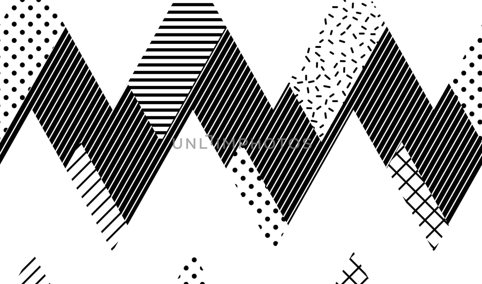 Vector Seamless Pattern. Abstract Geometric Black and White Doted Linear Triangle, Stylish Tiles with different ornament, Retro illustration. Simple background of perforated rhombus