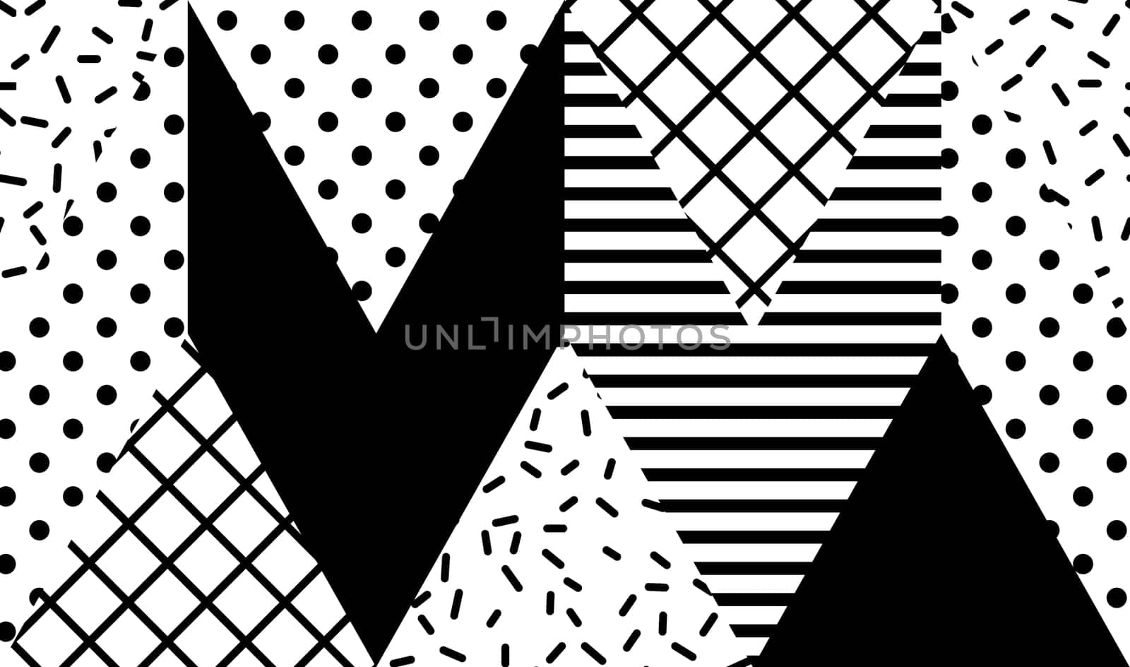 Vector Seamless Pattern. Abstract Geometric Black and White Doted Linear Triangle, Stylish Tiles with different ornament, Retro illustration. Simple background of perforated rhombus