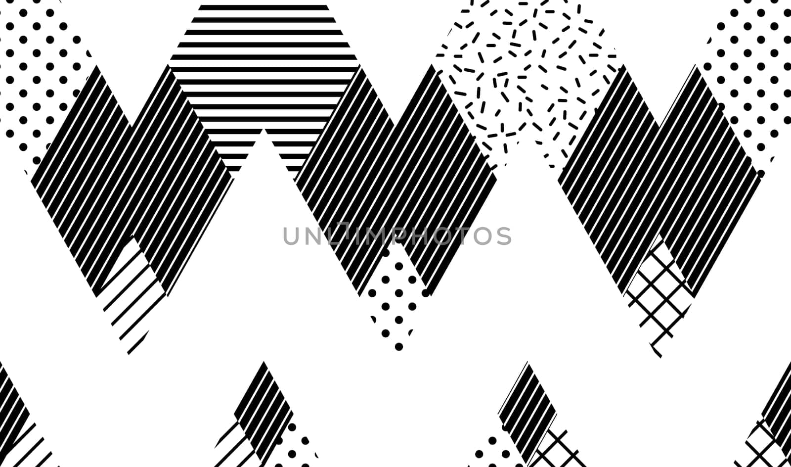 Vector Seamless Pattern. Abstract Geometric Black and White Doted Linear Triangle, Stylish Tiles with different ornament, Retro illustration. Simple background of perforated rhombus