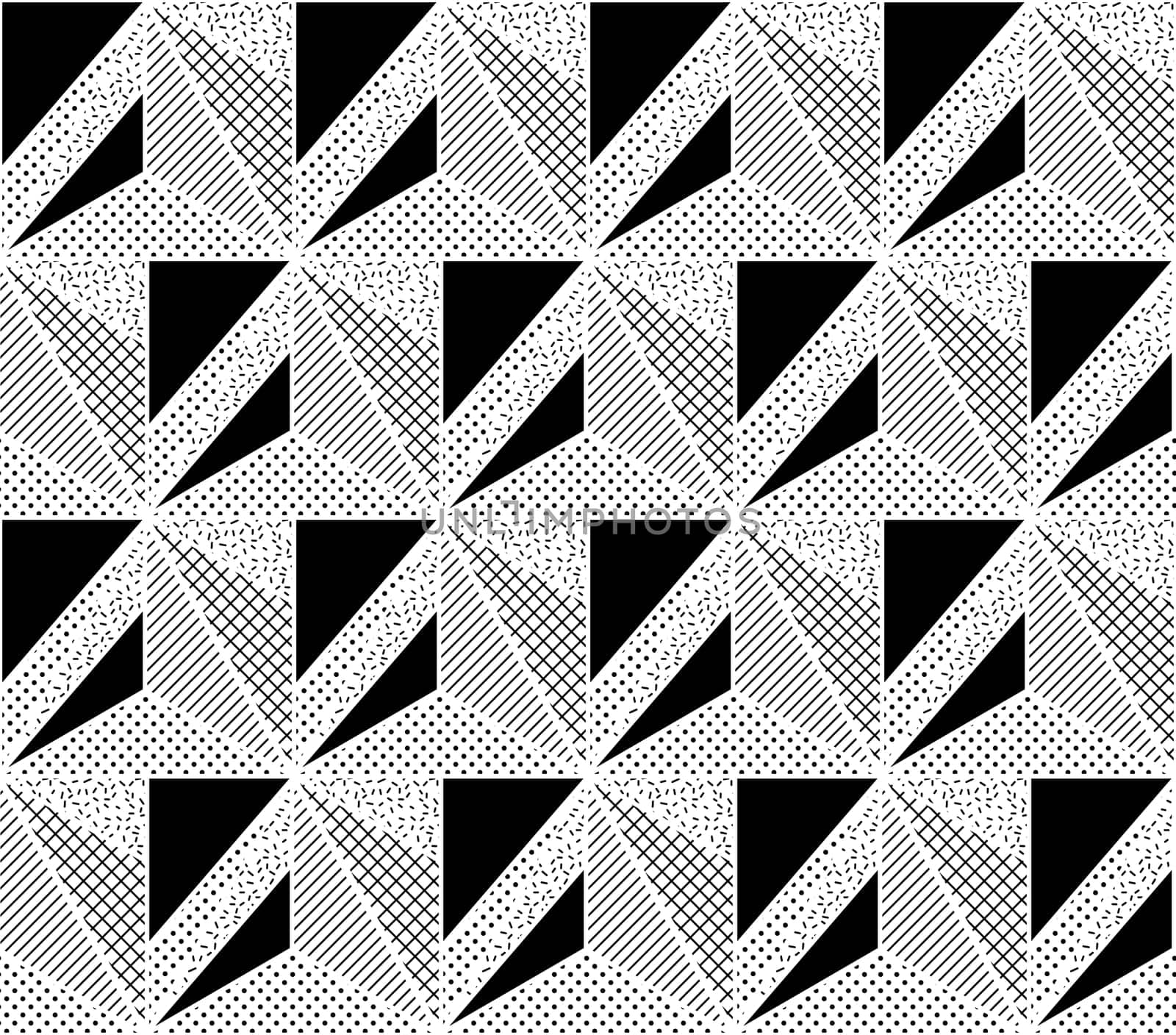Vector Seamless Pattern. Abstract Geometric Black and White Doted Linear Triangle, Stylish Tiles with different ornament, Retro illustration. Simple background of perforated rhombus