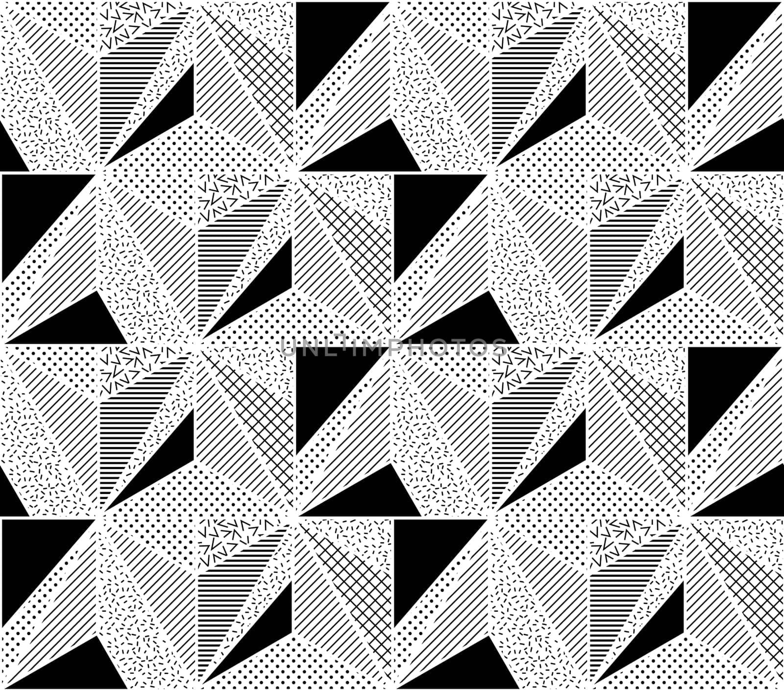 Vector Seamless Pattern. Abstract Geometric Black and White Doted Linear Triangle, Stylish Tiles with different ornament, Retro illustration. Simple background of perforated rhombus
