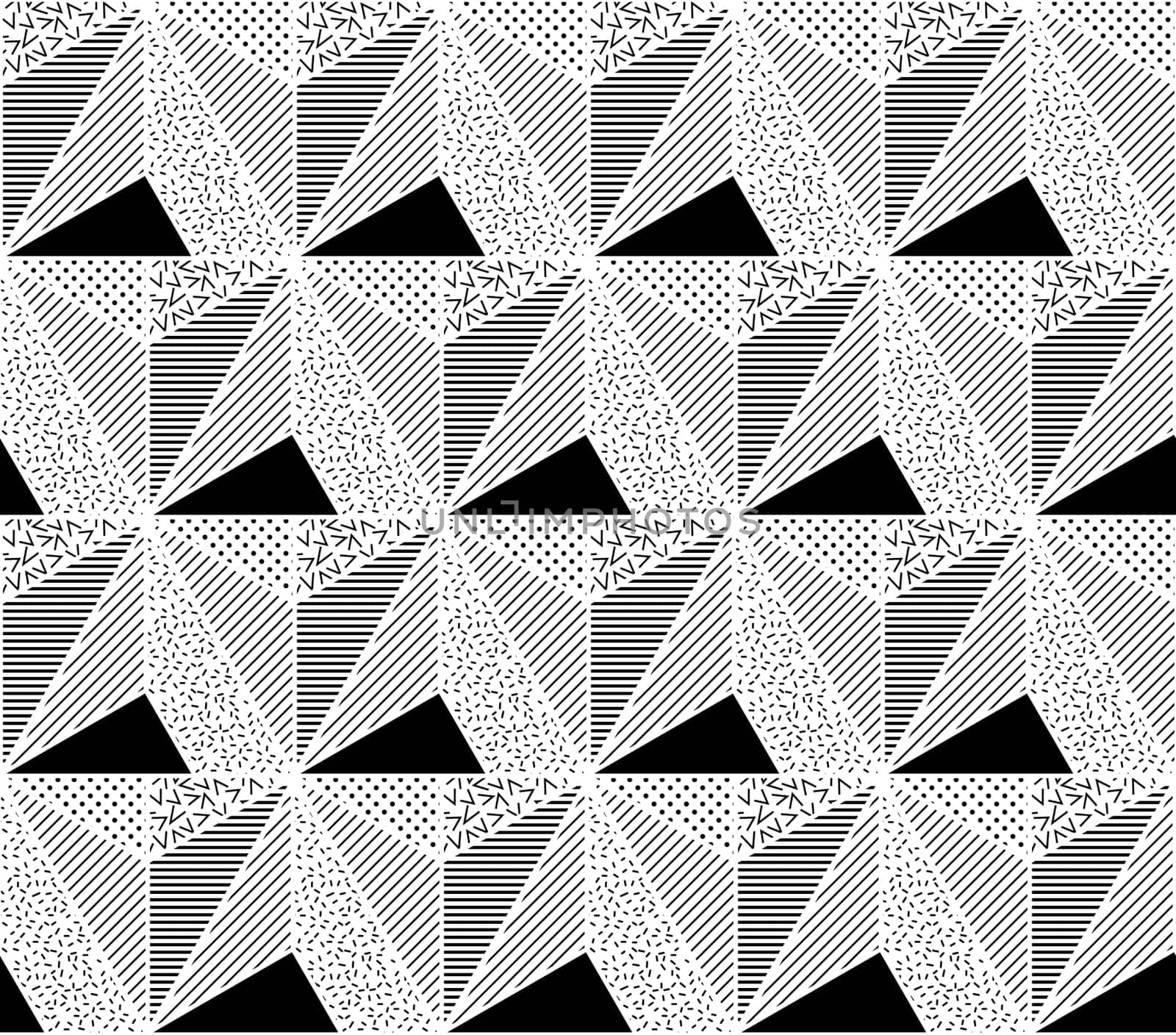 Vector Seamless Pattern. Abstract Geometric Black and White Doted Linear Triangle, Stylish Tiles with different ornament, Retro illustration. Simple background of perforated rhombus