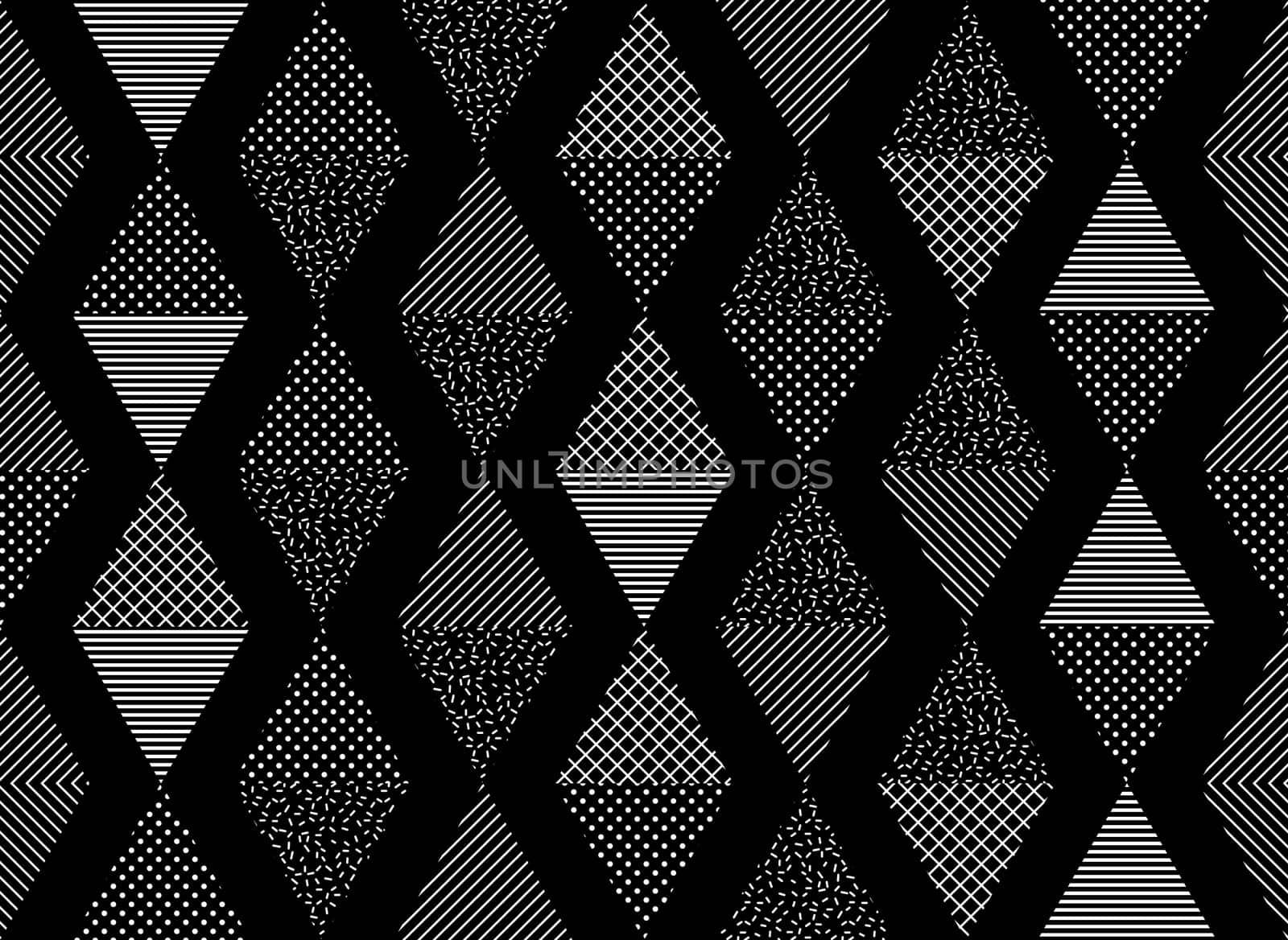 Vector Seamless Pattern. Abstract Geometric Black and White Doted Linear Triangle, Stylish Tiles with different ornament, Retro illustration. Simple background of perforated rhombus