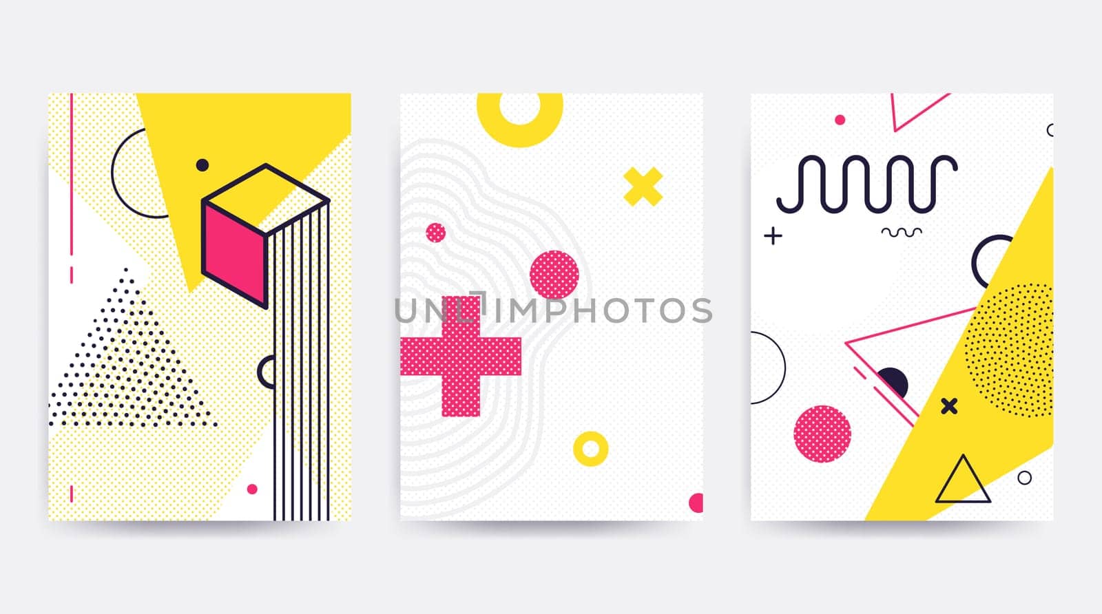 Colorful trend Neo Memphis geometric pattern set juxtaposed with bright bold blocks of color zig zags, squiggles, erratic images. Design background elements composition. Magazine, leaflet, billboard