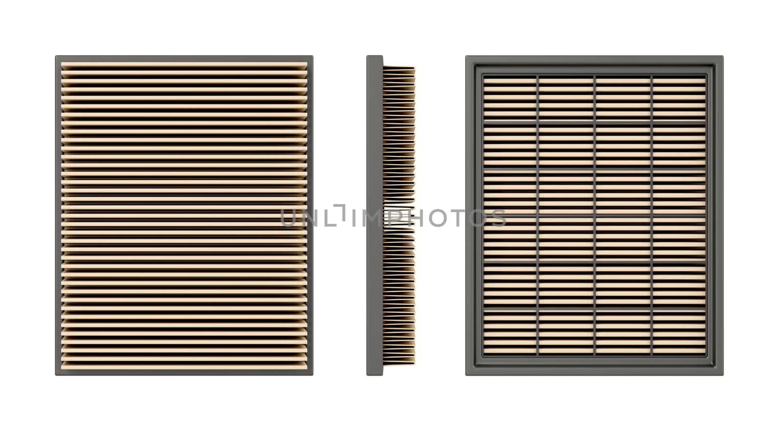 Front, side and back view of a car air filter, isolated on white background
