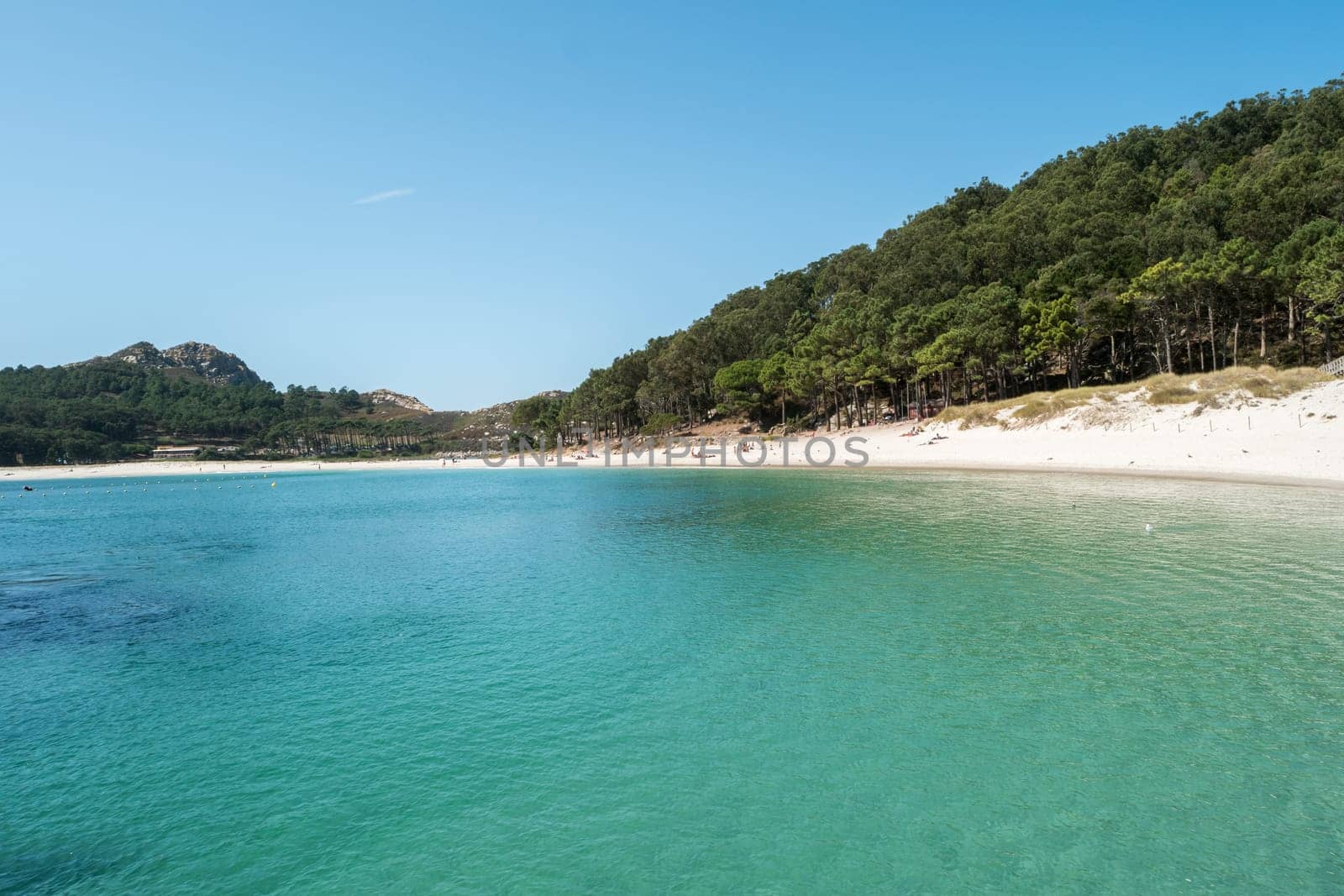 ISLAS CIES, SPAIN - CIRCA SEPTEMBER 2017: Sand beach of Playa de Rodas on the Cies Islands of Spain, included in the Atlantic Islands of Galicia National Park.