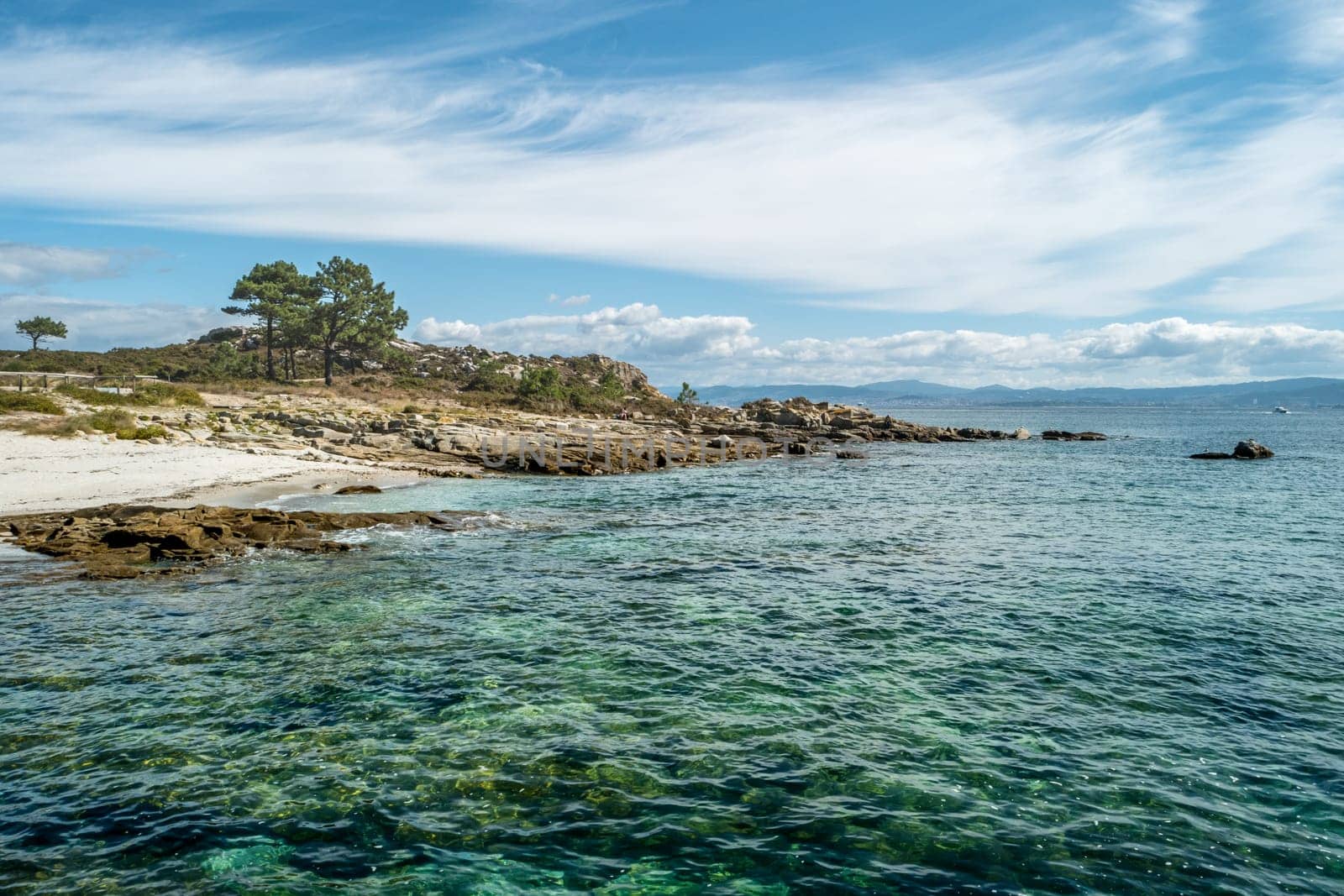 ISLAS CIES, SPAIN - CIRCA SEPTEMBER 2017: Seashore at Cies islands of Spain, included in the Atlantic Islands of Galicia National Park.