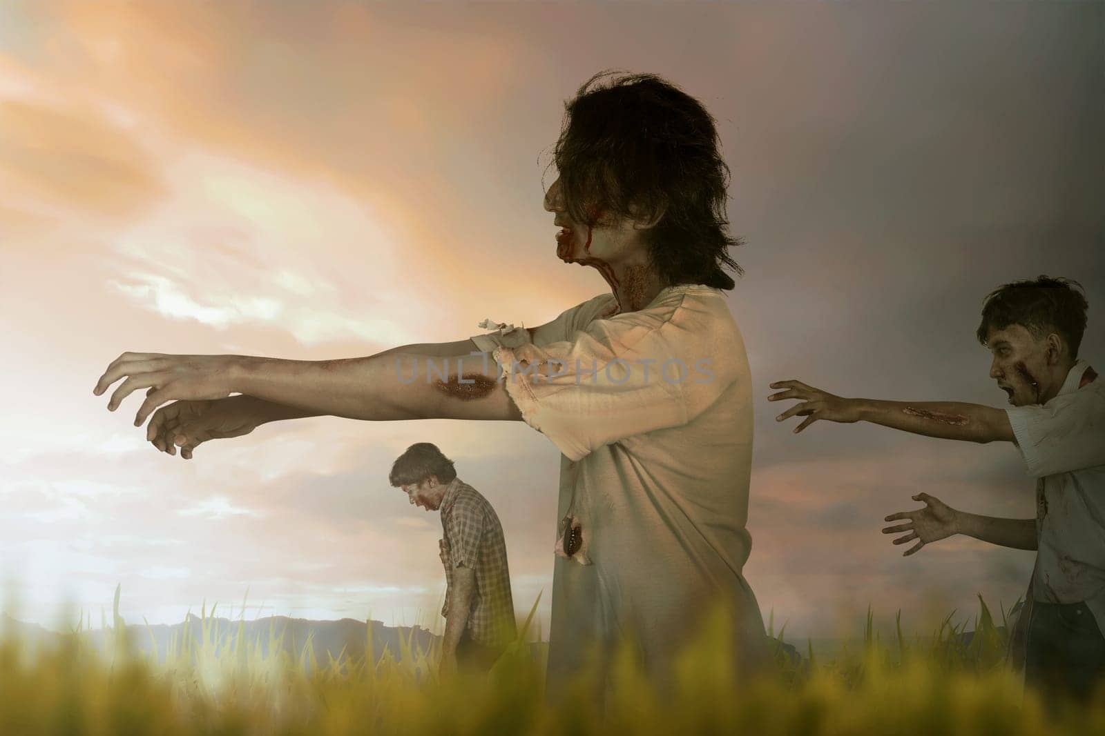 Crowd of asian zombies with blood and wounded face walking against dramatic sky background