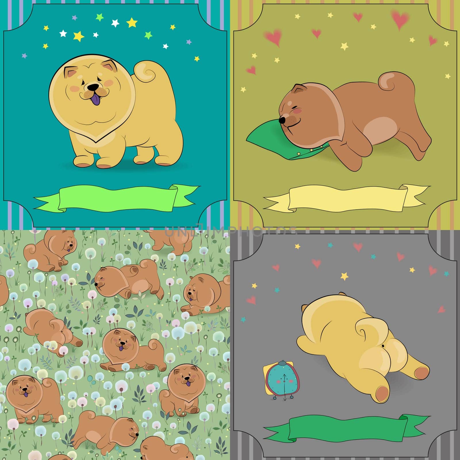 Set of cartoon dogs Chow-chow. Colorful vintage cards with funny pets. Seamless pattern with brown dogs. illustration. Banners for custom text.