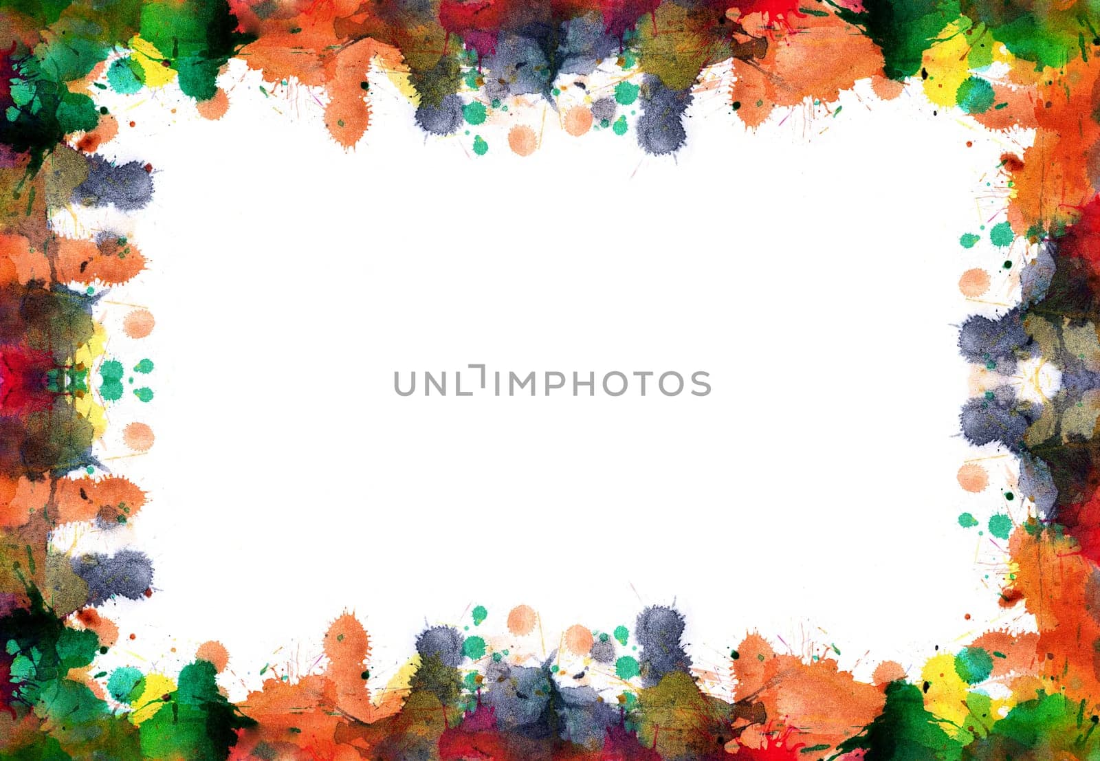 Frame of blots and splashes from watercolor paints in autumn colors - abstract background