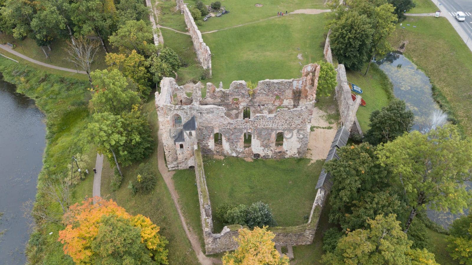 ruins of an ancient medieval castle Dobele Latvia Aerial drone top view