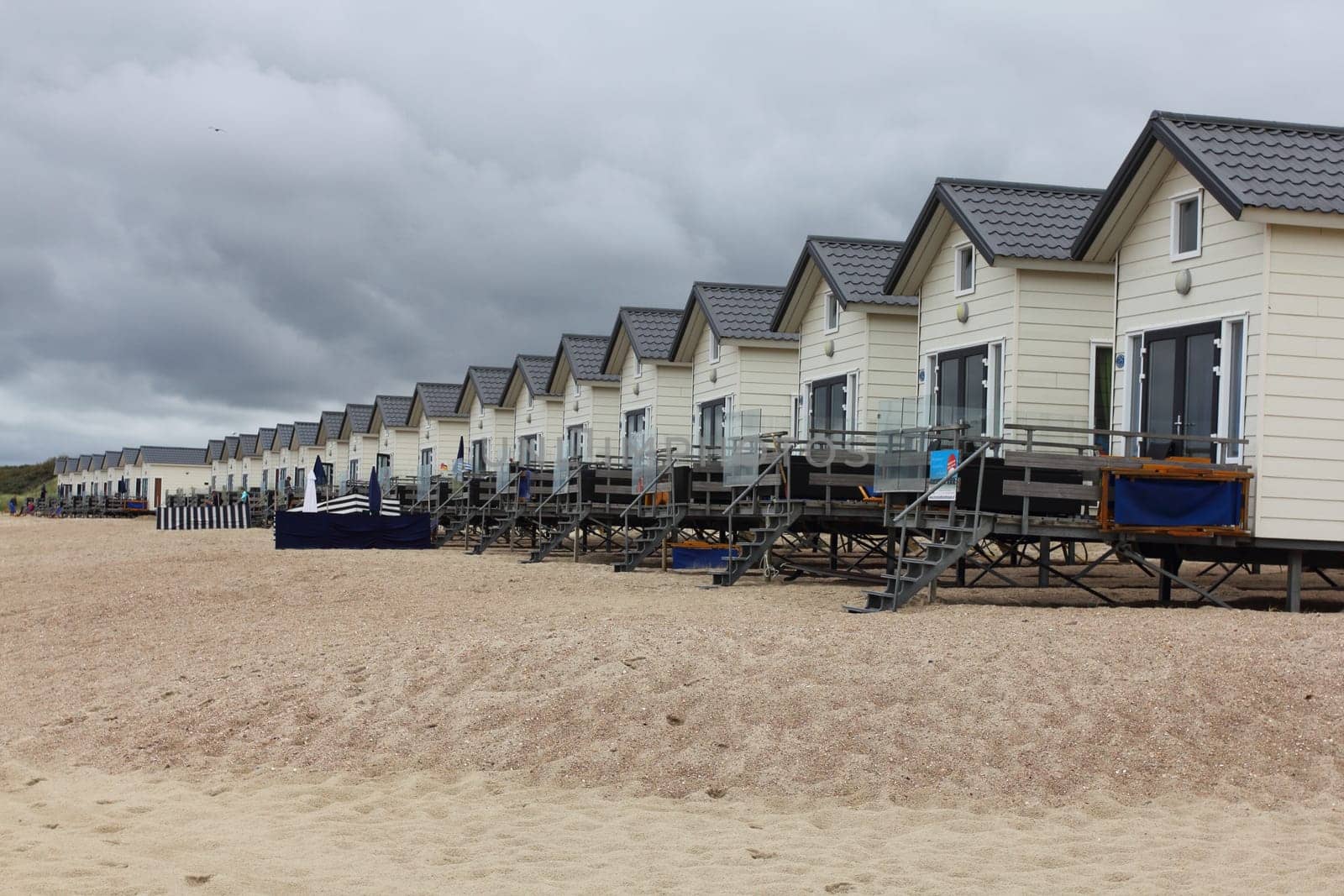 Netherlands 15 August 2015: Beach houses on the North Sea beach .