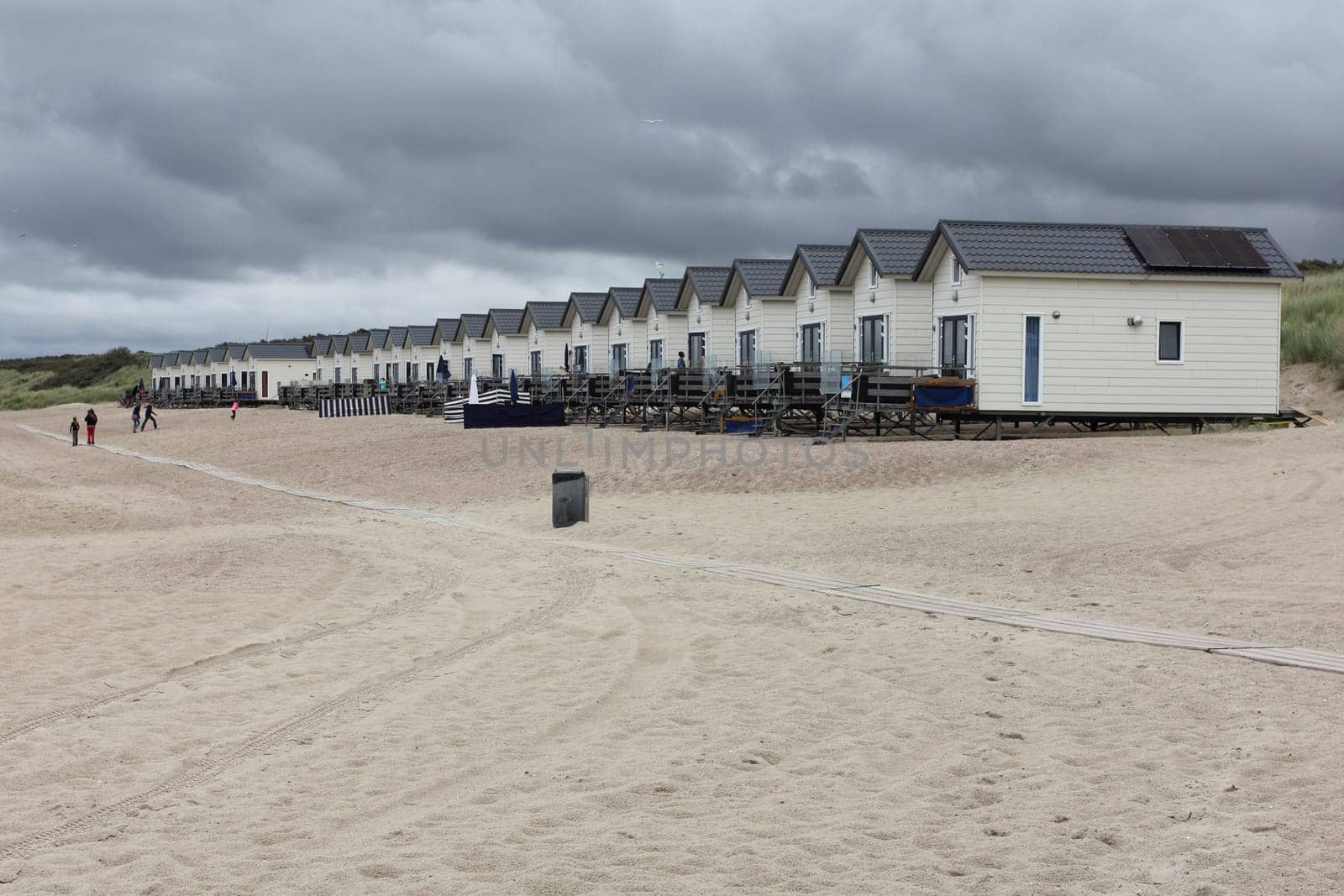 Netherlands 15 August 2015: Beach houses on the North Sea beach .