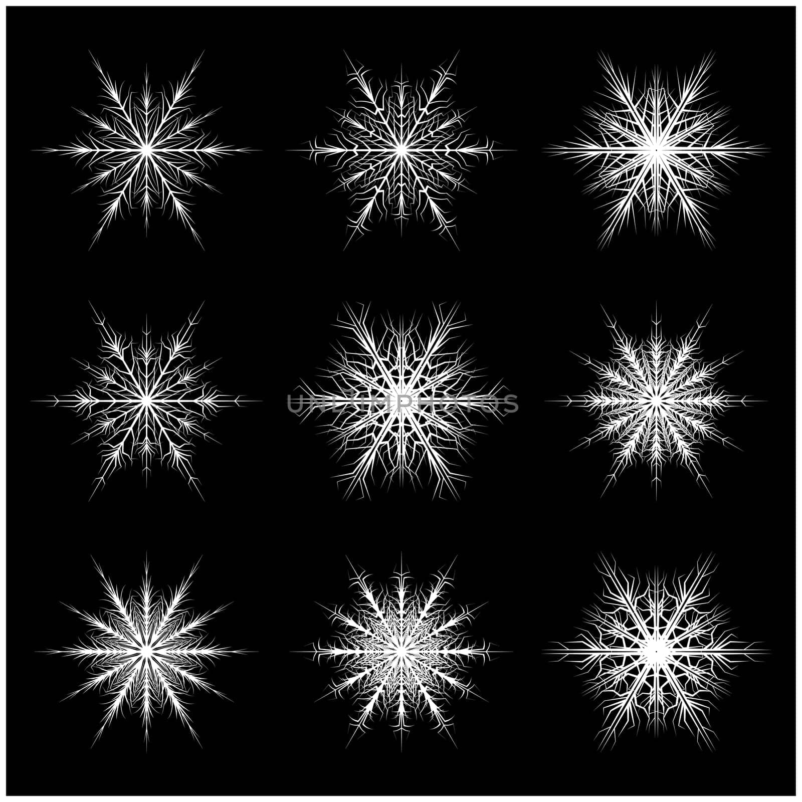 Christmas snowflake, frost flake silhouette icon, symbol, design. Winter, crystal vector illustration isolated on the black background.