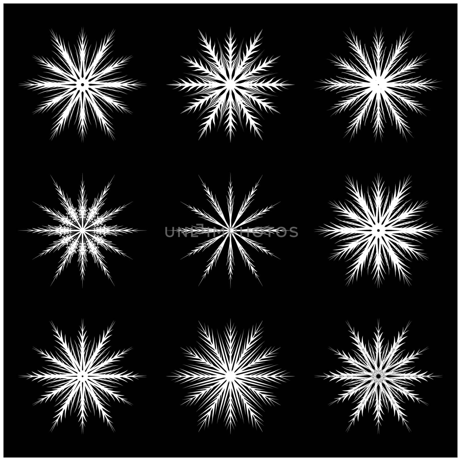 Christmas snowflake, frozen flake silhouette icon, symbol, design. Winter, crystal vector illustration isolated on the black background.