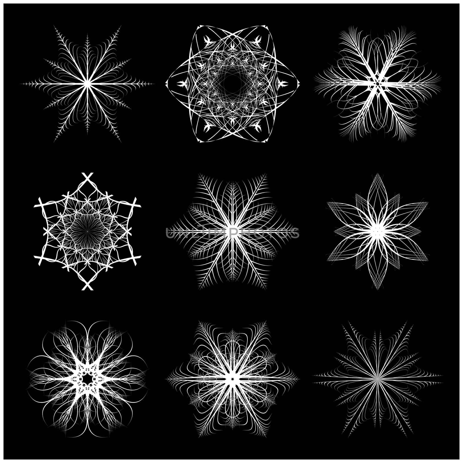 Christmas snowflake, frozen flake silhouette icon, symbol, design. Winter, crystal vector illustration isolated on the black background.