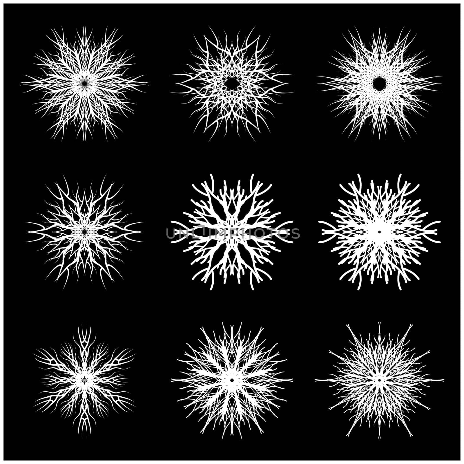 Christmas snowflake, frozen flake silhouette icon, symbol, design. Winter, crystal vector illustration isolated on the black background.