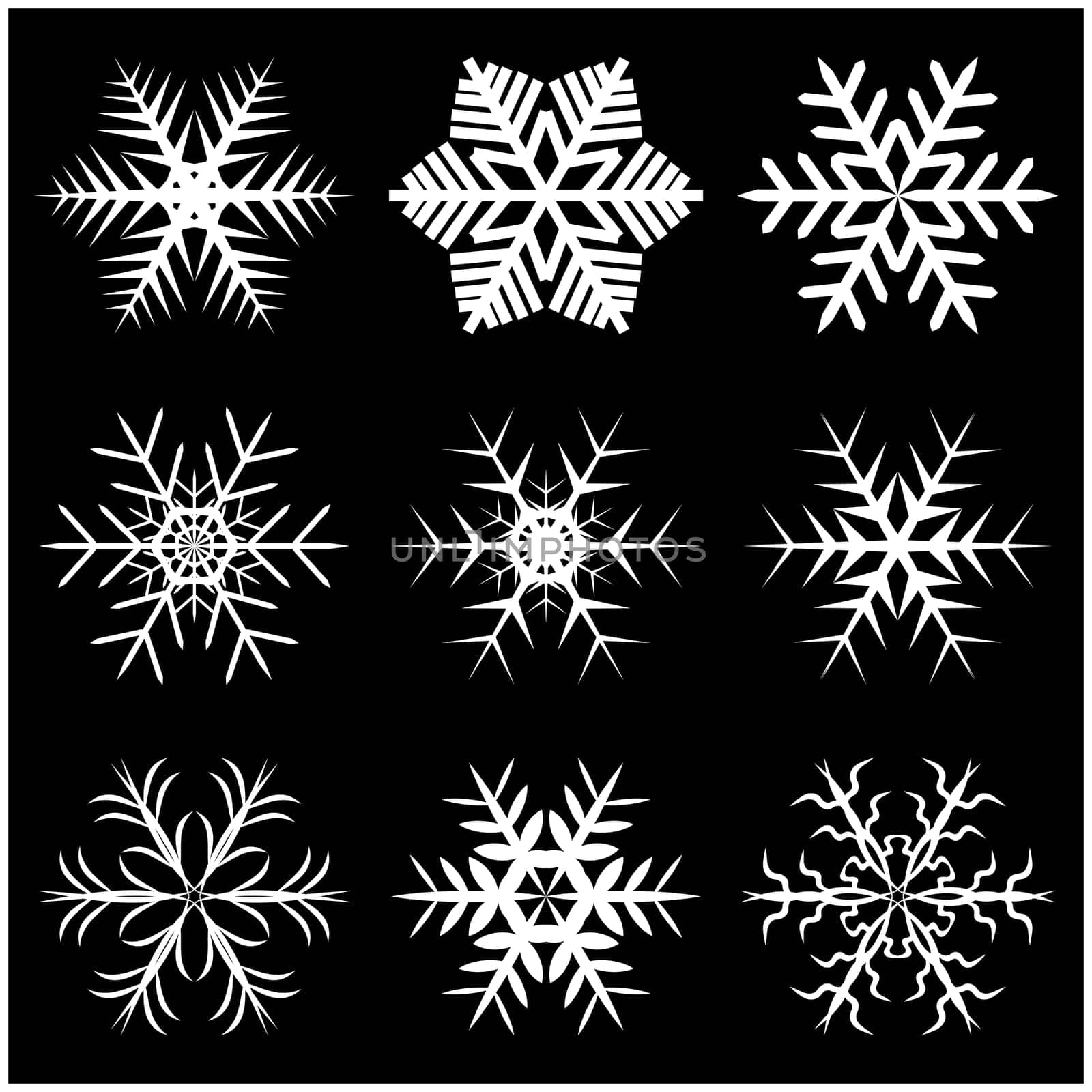 Christmas snowflake, frozen flake silhouette icon, symbol, design. Winter, crystal vector illustration isolated on the black background