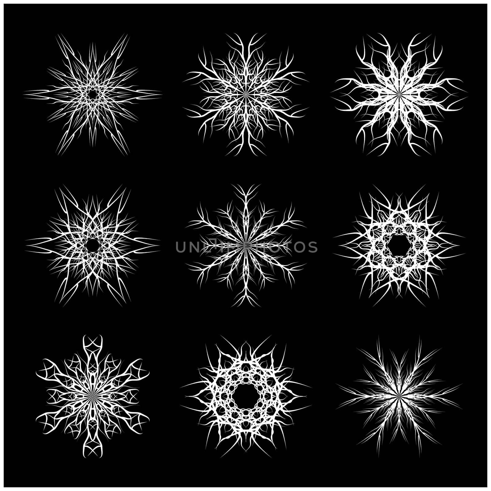 Christmas snowflake, frozen flake silhouette icon, symbol, design. Winter, crystal vector illustration isolated on the black background.