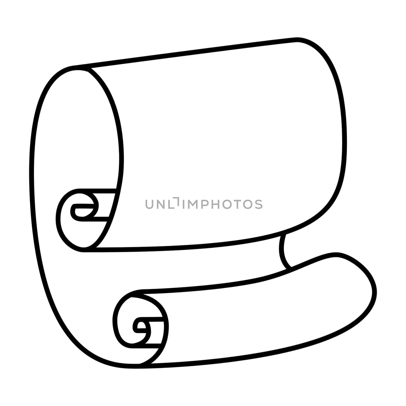Paper scroll silhouette vector isolated on white background. Empty, blank parchment rolled up scroll, old paper sheet texture illustration.
