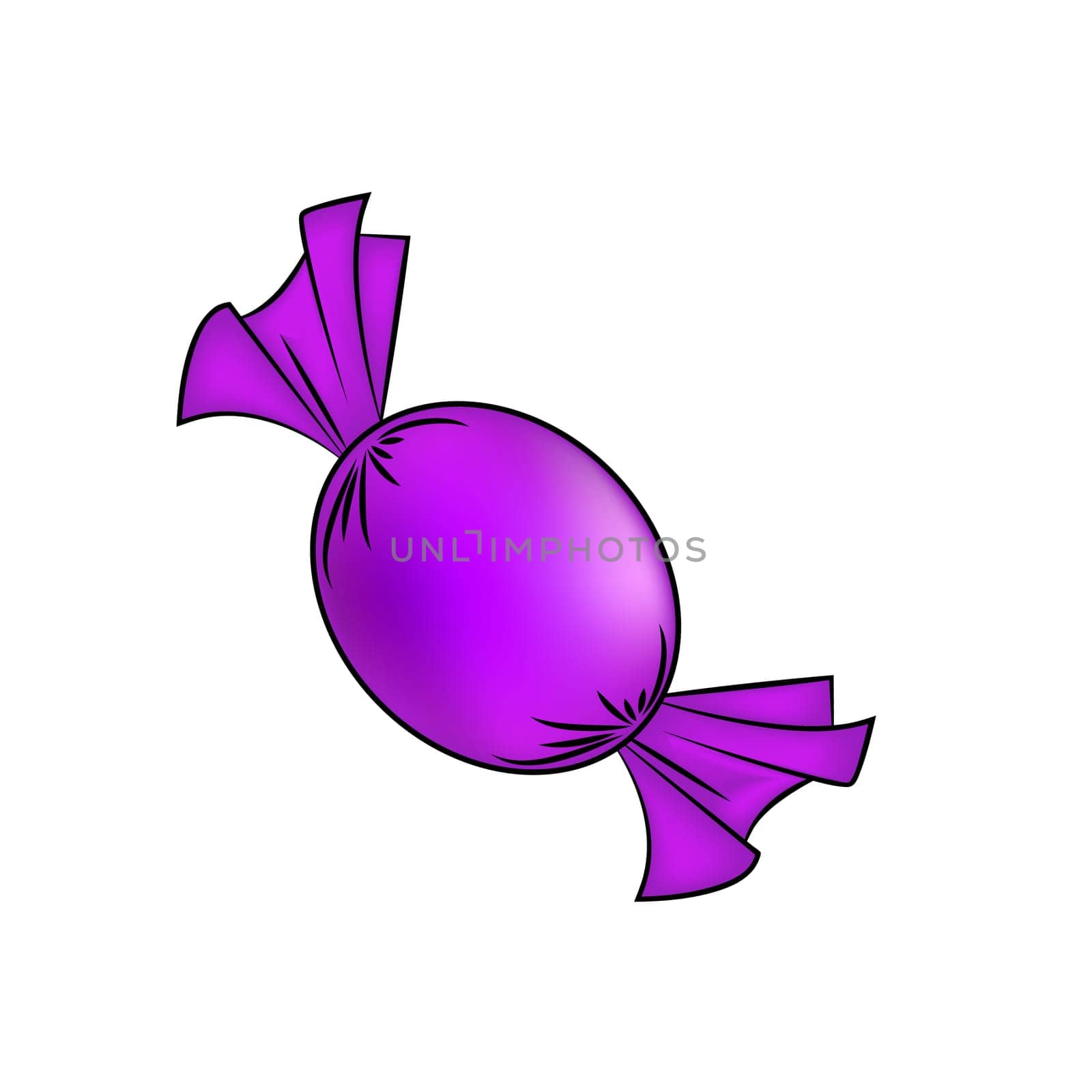 Christmas wrapped candy. Purple packaged sweet, goody in a piece of paper. Vector illustration isolated on a white background.