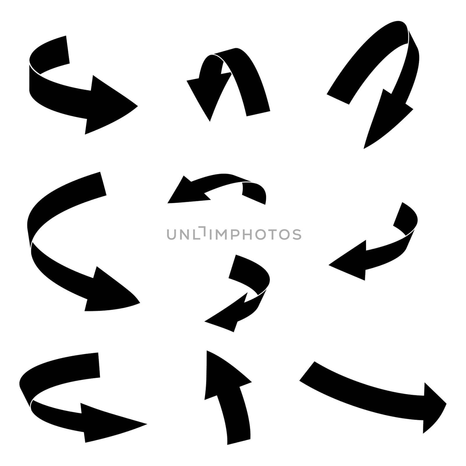 Arrow symbol silhouette, curved icon business concept set . Vector illustration isolated on white background.