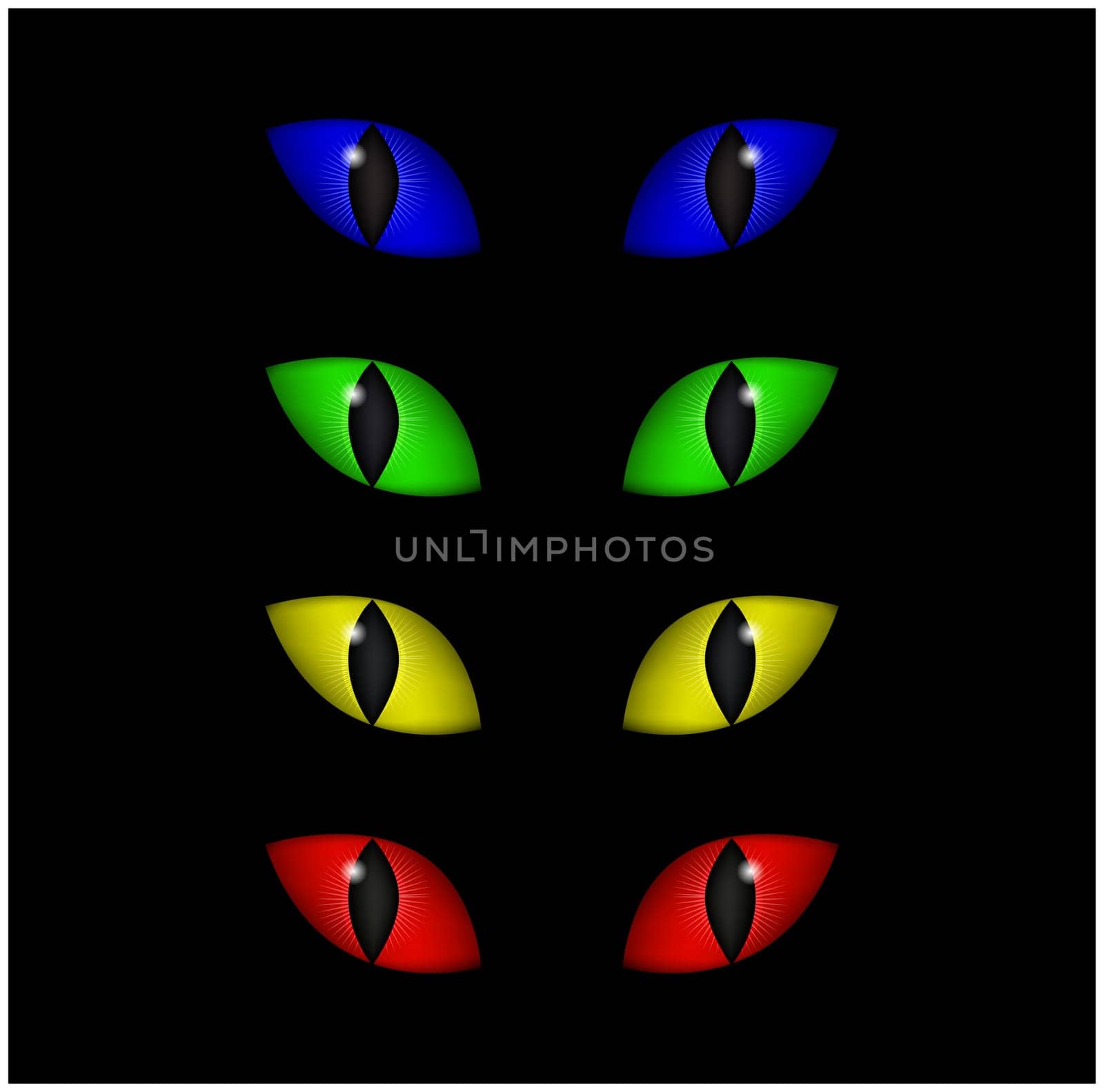 Halloween spooky eyes vector set isolated on black background. Illustration of Evil, dangerous, wild angry cat iris in darkness