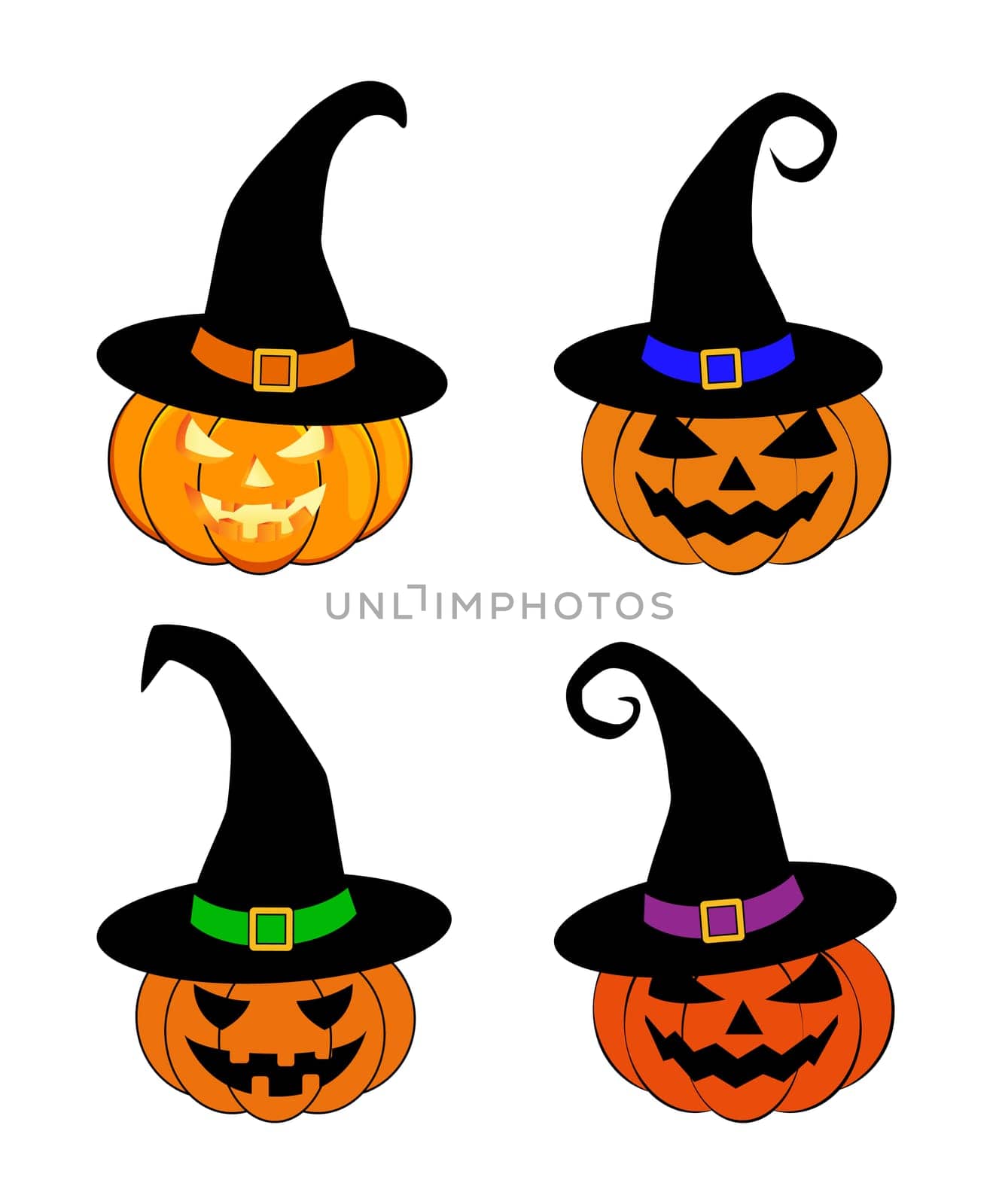 Halloween pumpkin in witches hat vector set illustration, Jack O Lantern isolated on white background. Scary orange picture with eyes.