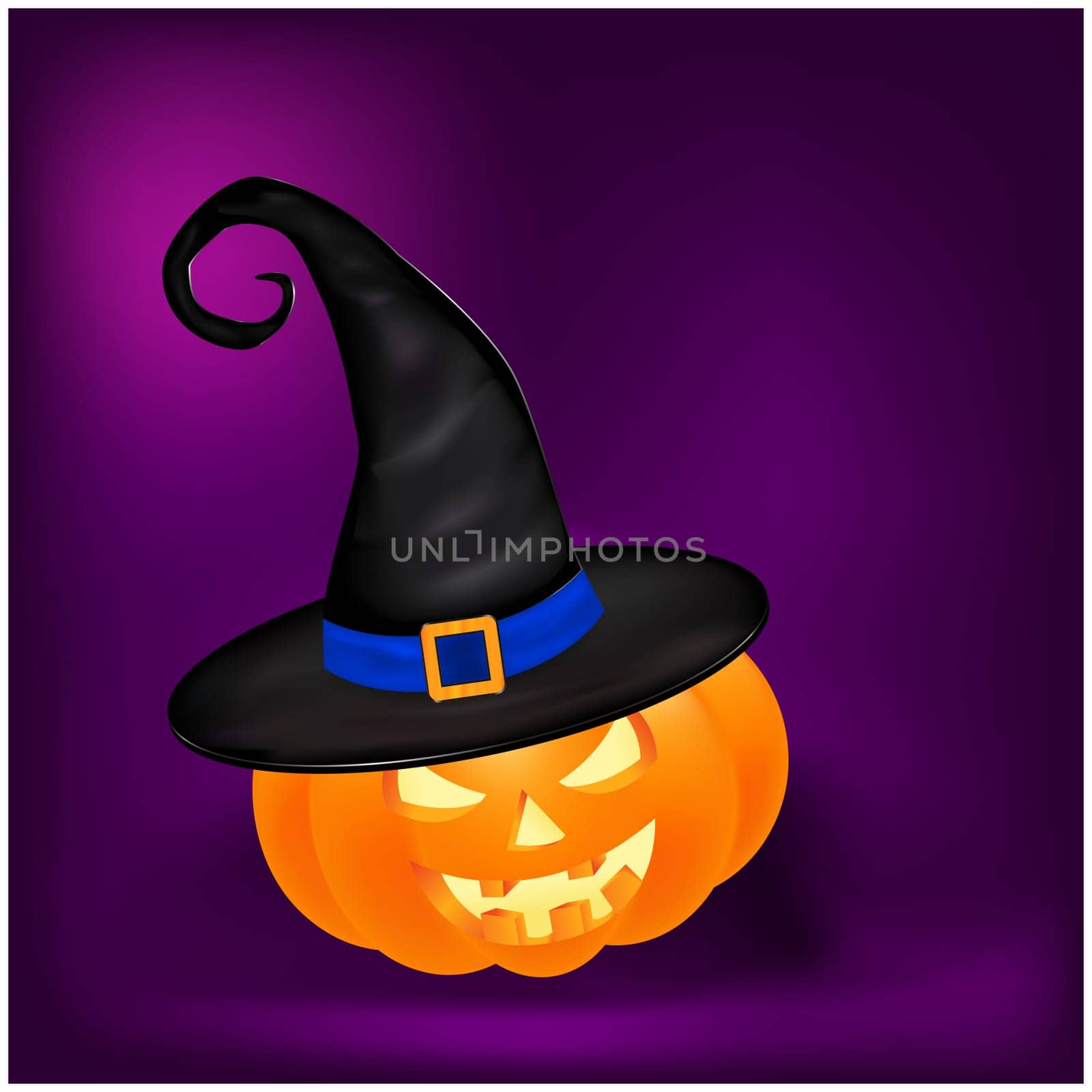 Halloween pumpkin in hat vector illustration, Jack O Lantern on gradient mesh background. Scary orange picture with eyes and candle light inside.