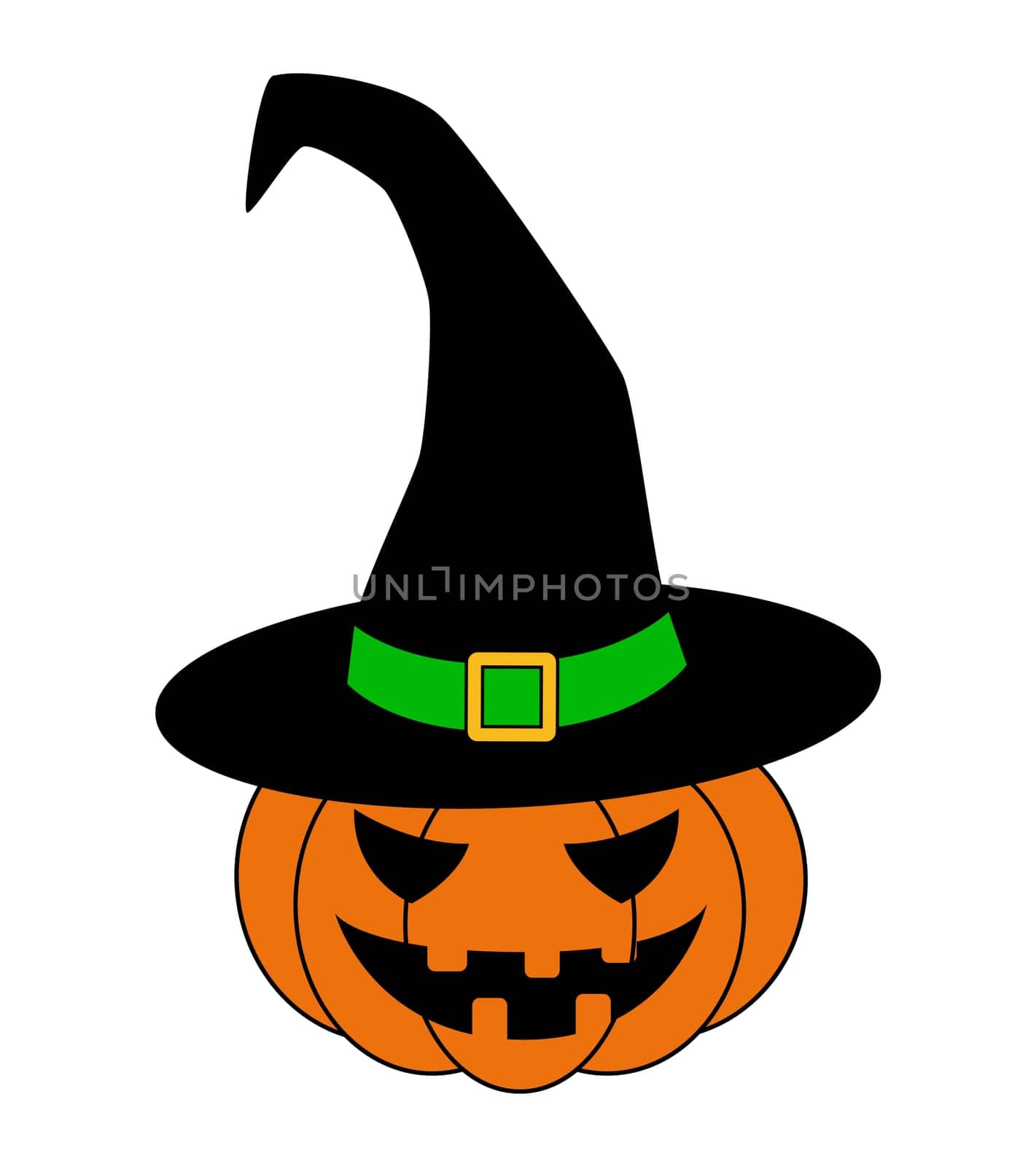 Halloween pumpkin in witches hat vector illustration, Jack O Lantern isolated on white background. Scary orange picture with eyes.