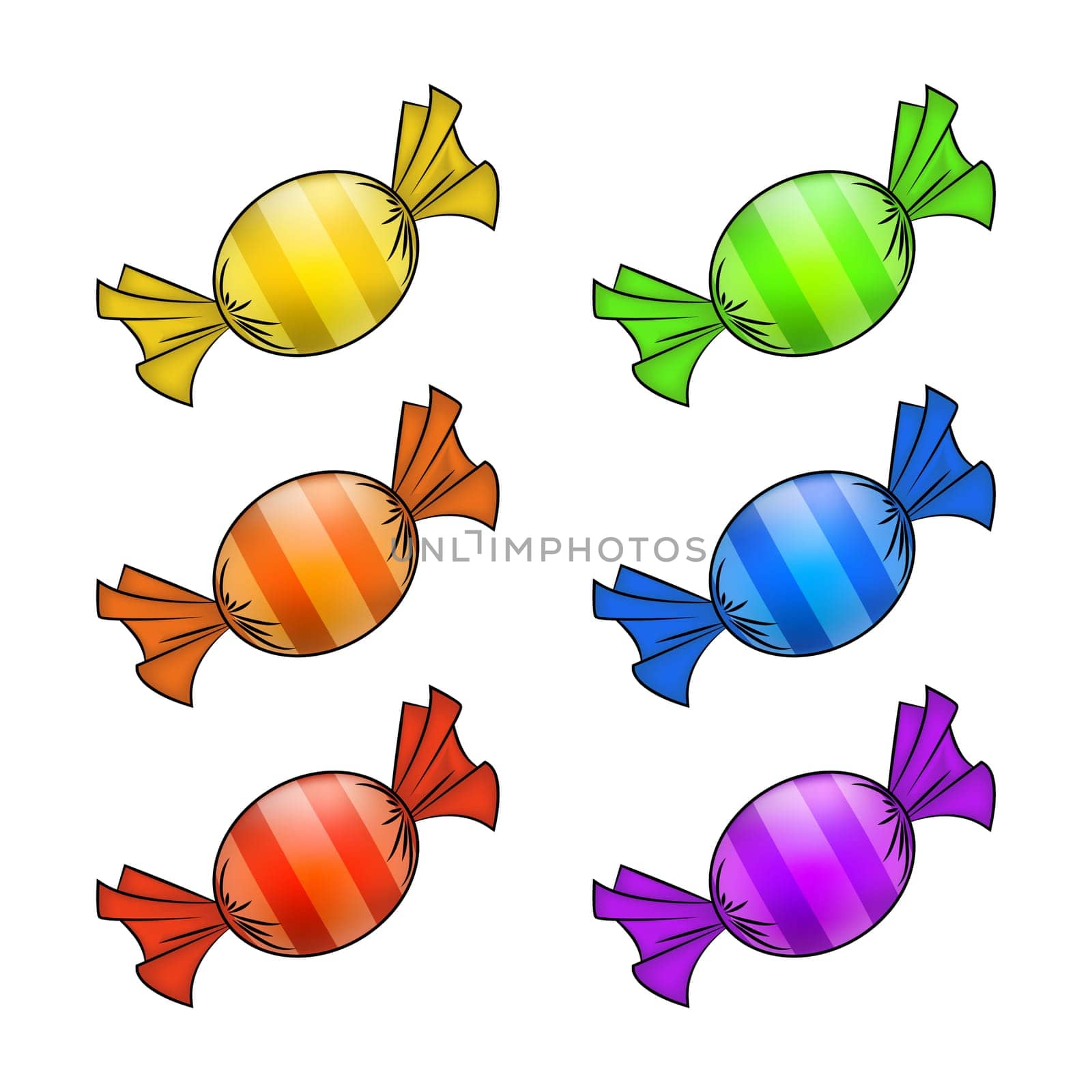 Christmas wrapped candy set. Colorful packaged sweet, goody in a piece of paper. Vector illustration isolated on a white background.