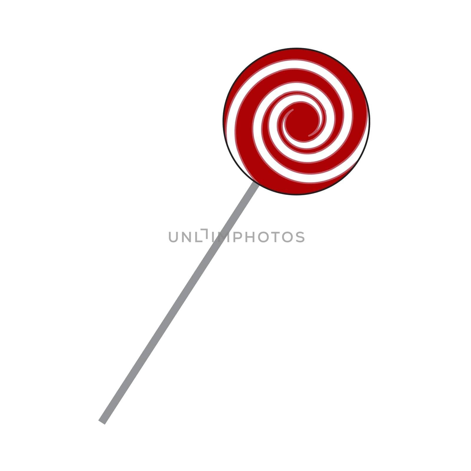 Lollipop striped in Christmas colours. Spiral sweet candy with red and white stripes. Vector illustration isolated on a white background.