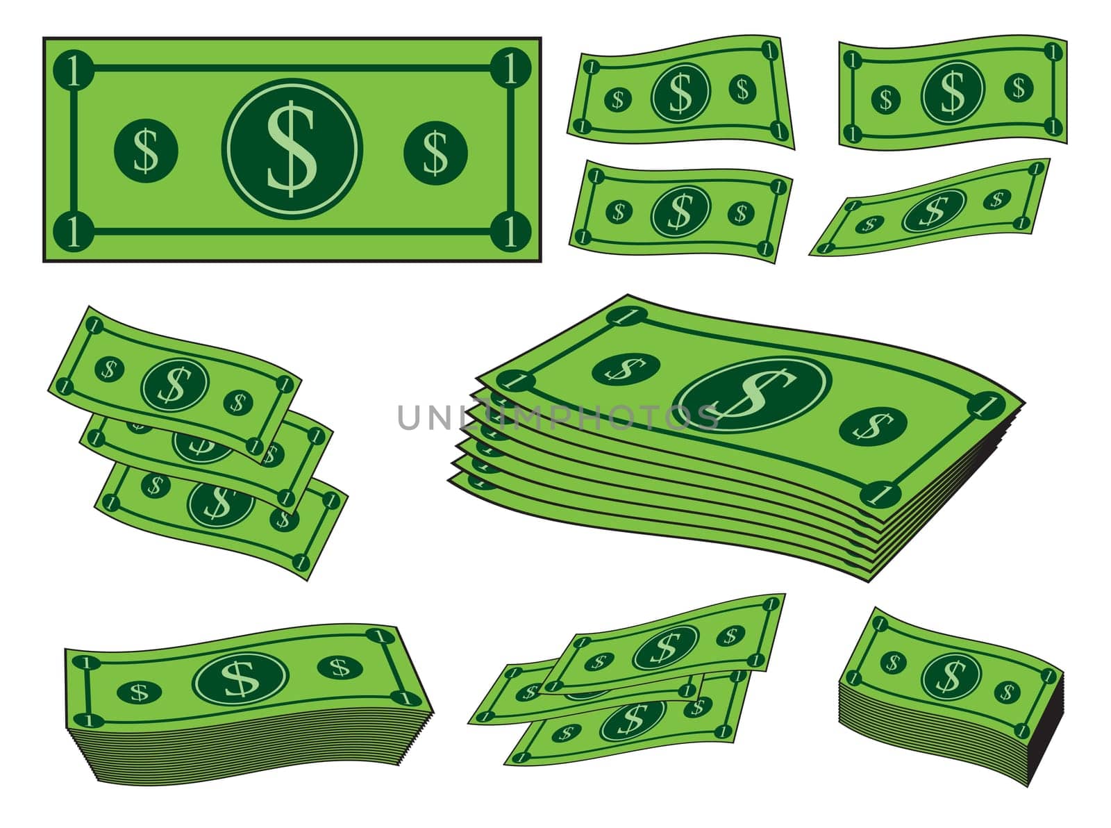 Cartoon money, dollar banknote, paper bill. Vector illustration isolated on white background