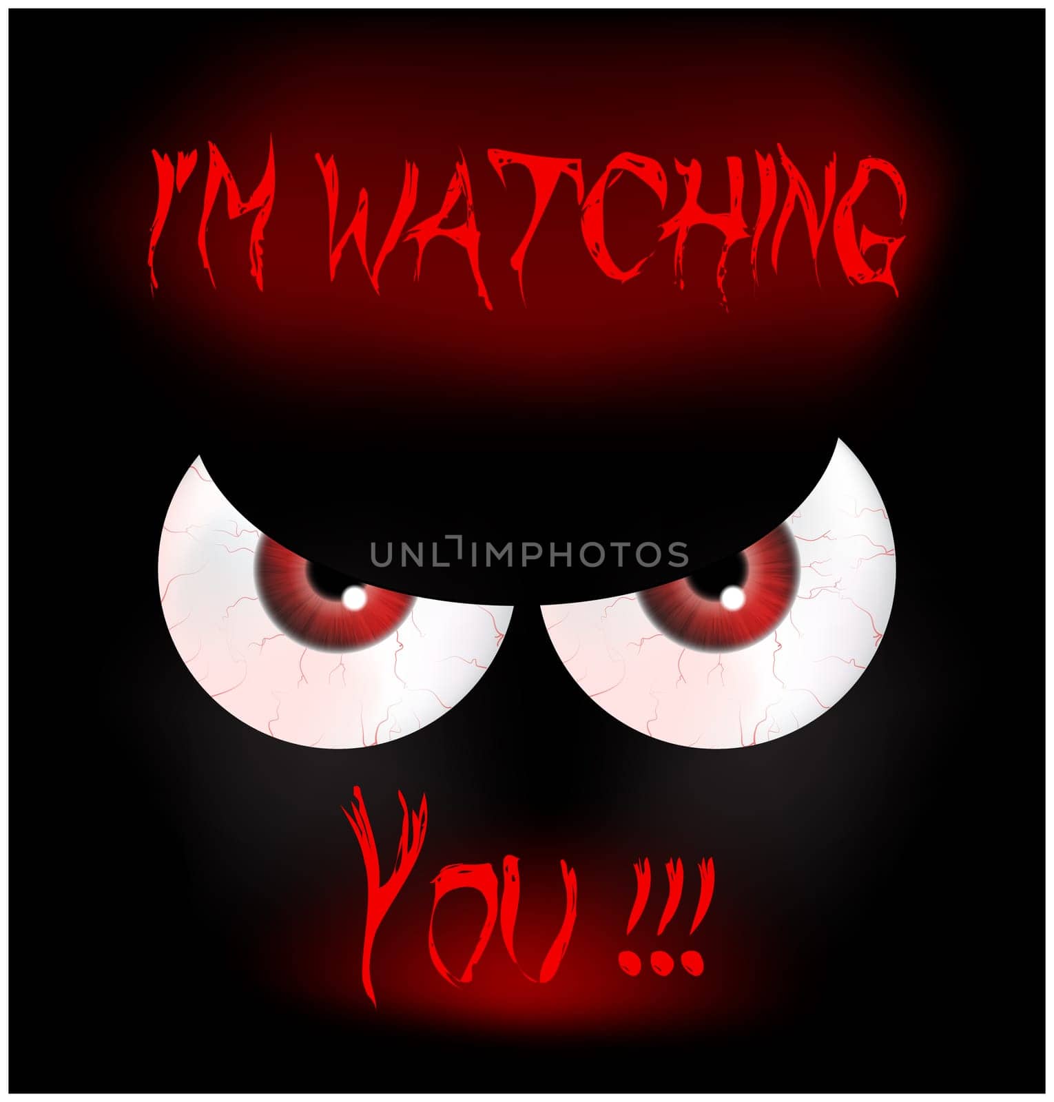 Image of Happy Halloween spooky background Flat design. Vector illustration of invitation card with scary bloody eyes, eyeballs with sign I'm watching you.