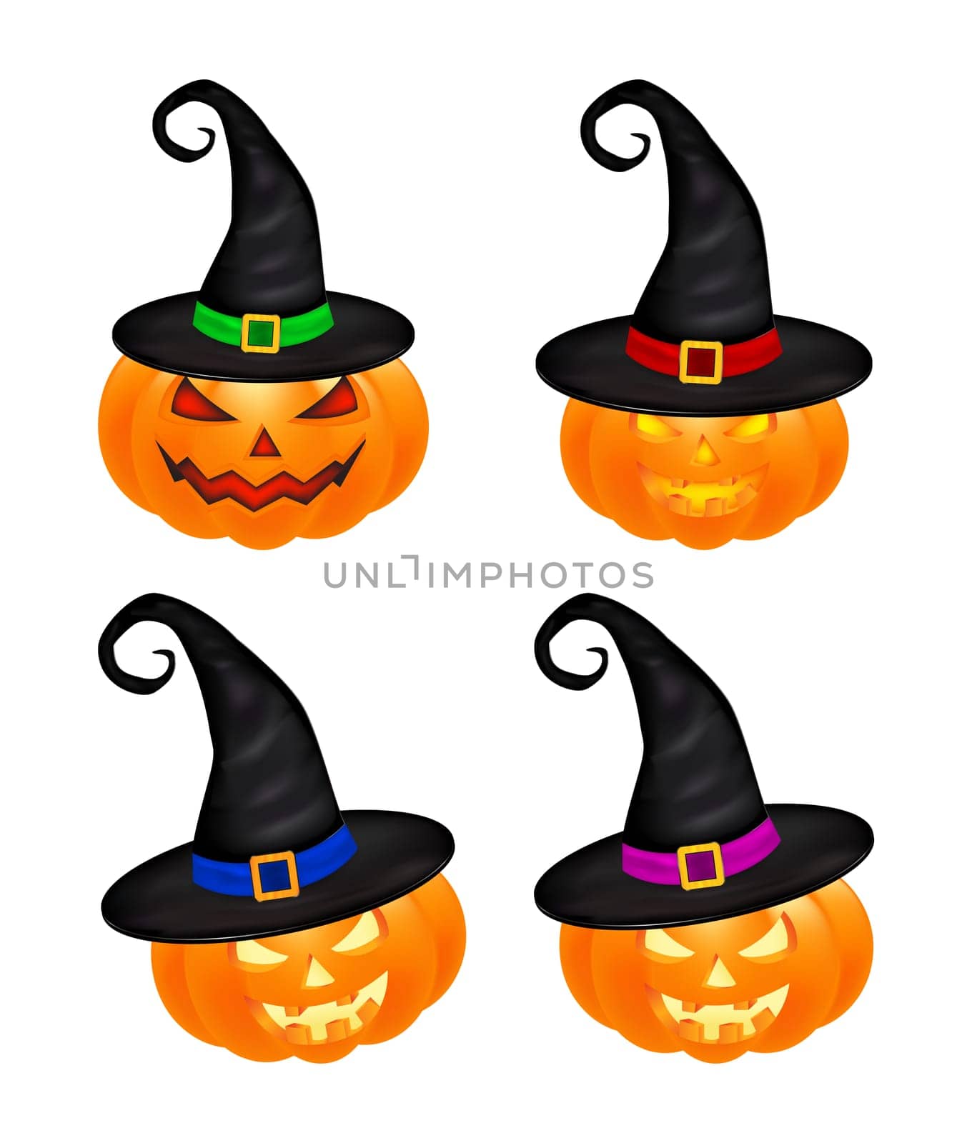 Halloween pumpkin in hat vector set illustration, Jack O Lantern isolated on white background. Scary orange picture with eyes and candle light inside.