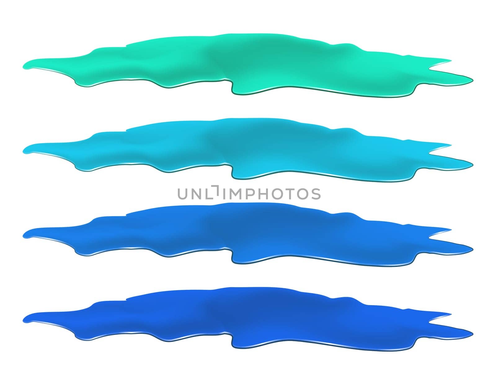 Puddle of water spill set. Blue stain, plash, drop. Vector illustration isolated on the white background