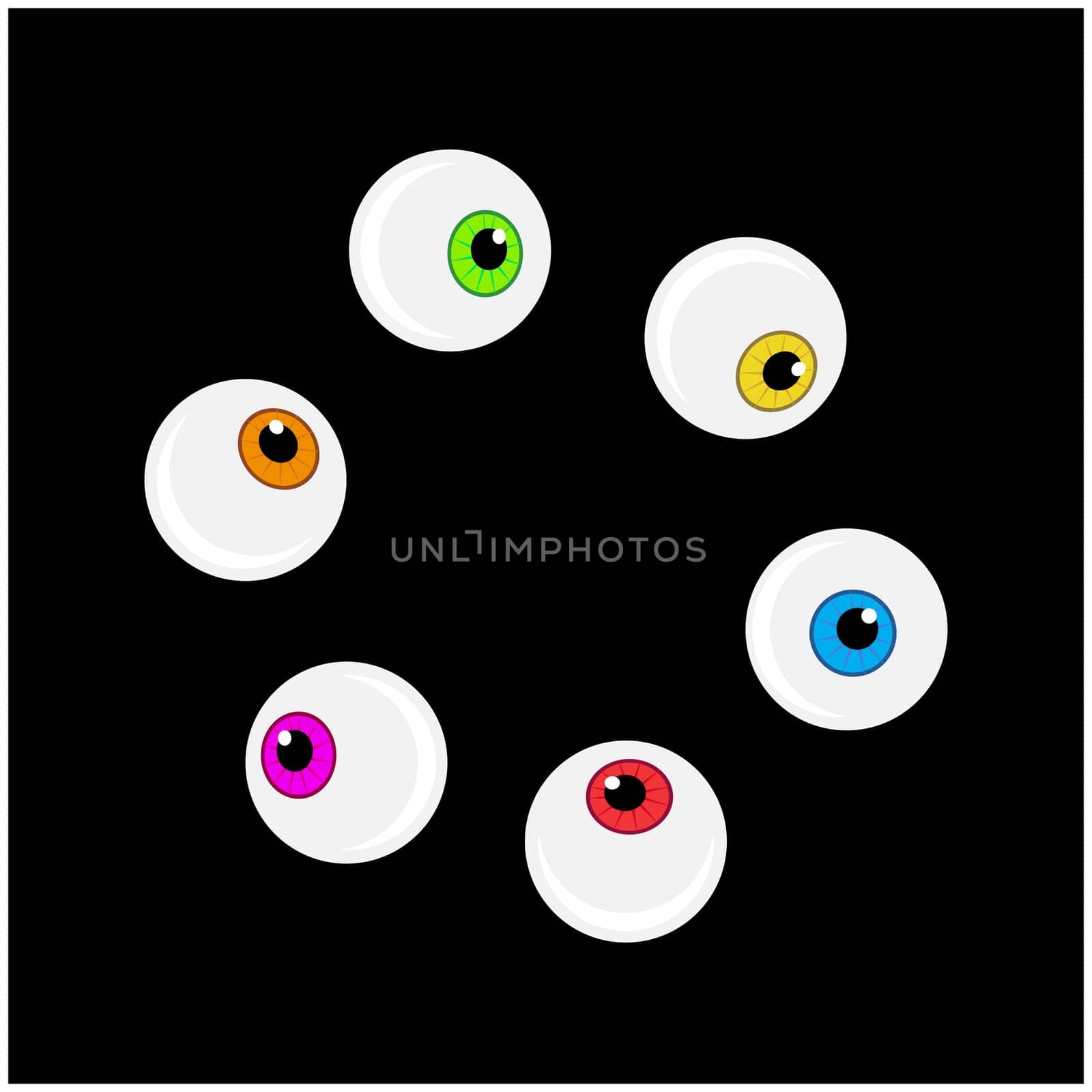 Halloween eyeball vector symbol set. Colorful cartoon clipart pupil, eye illustration isolated on black background.