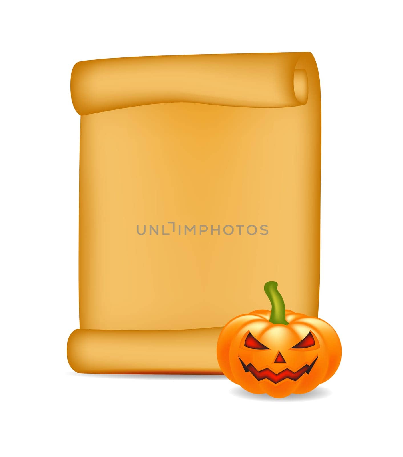 Halloween banner, card with empty paper scroll and pumpkin. Blank ancient scroll of parchment wallpaper, background. Poster or brochure for Halloween party. Vector illustration.