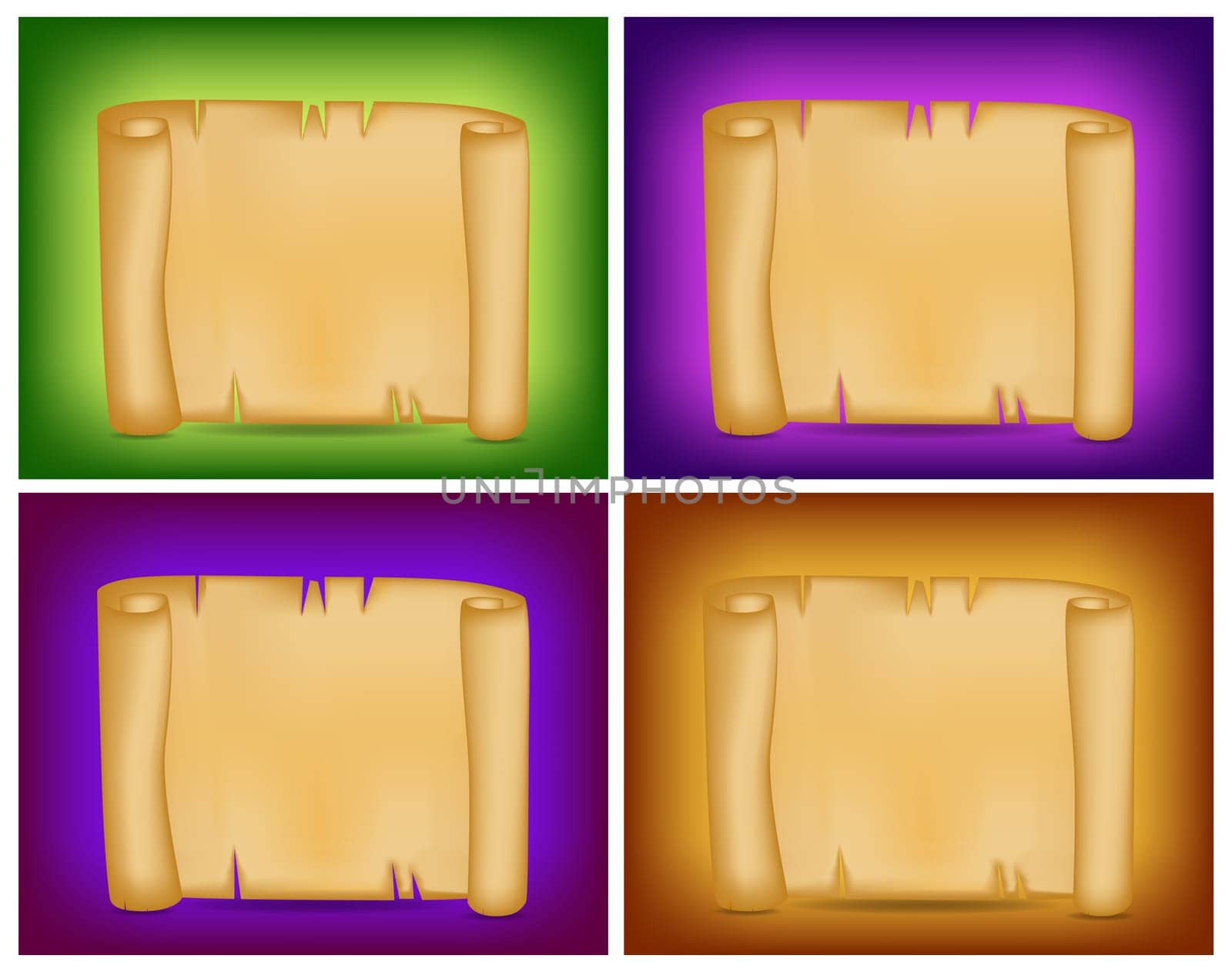 Banner, card set with empty paper scroll on colorful background. Blank vector ancient scroll of parchment wallpaper. Poster or brochure for your design.