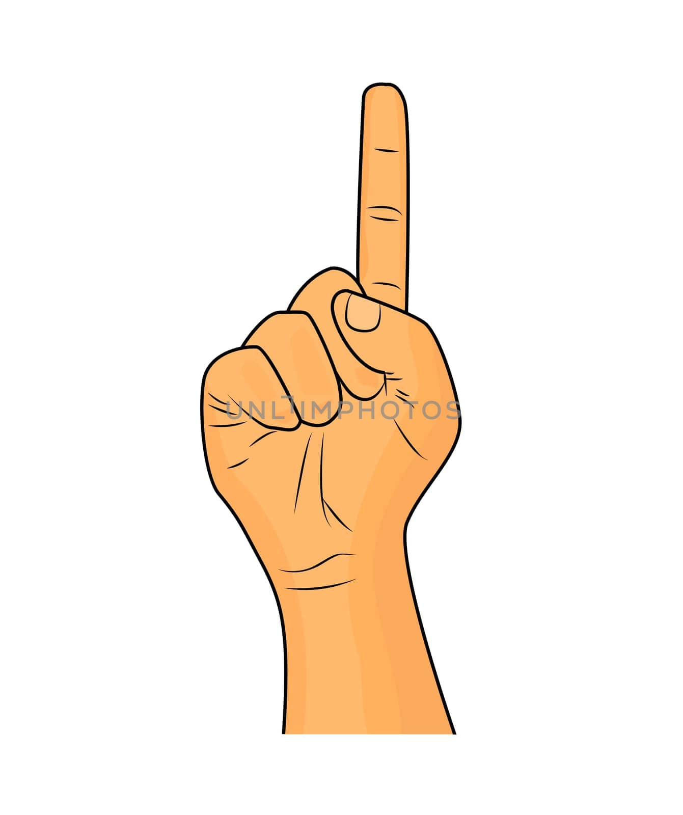 Hand finger up gesture vector - realistic cartoon illustration. Image of human hand gesture pointing up. Picture isolated on white background.