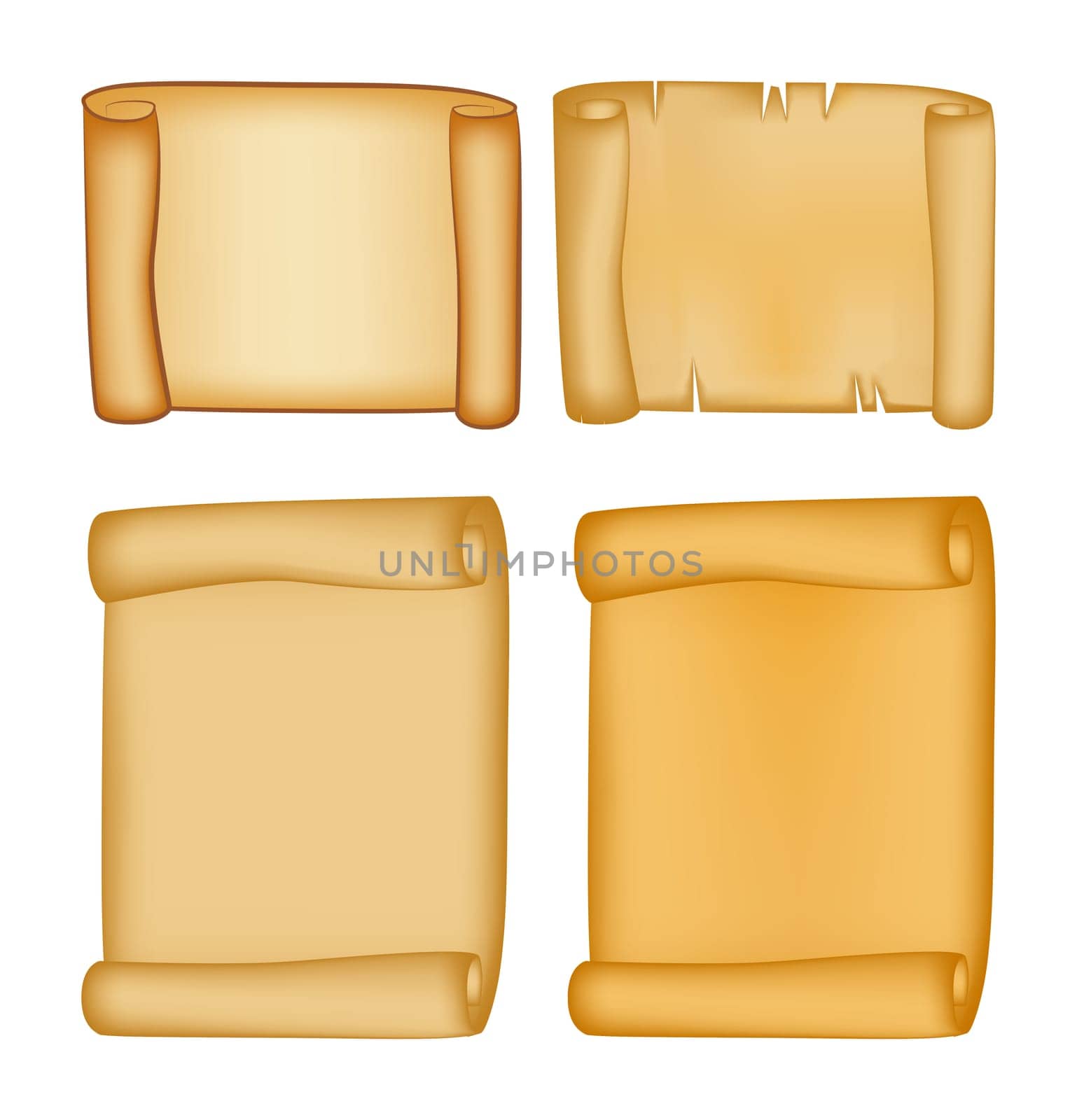 Paper scroll vector set isolated on white background. Empty parchment rolled up scroll, old paper sheet texture. Created with gradient mesh.