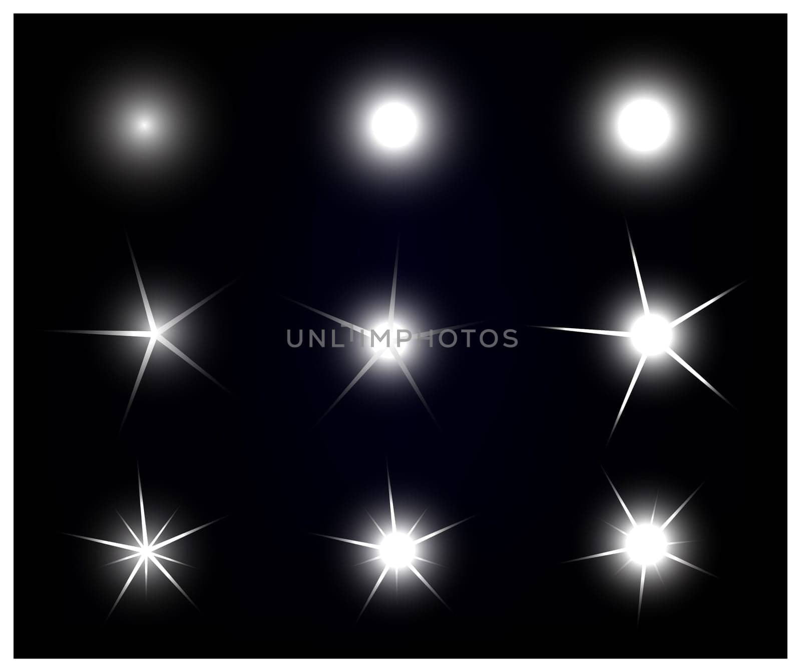 Set of Vector sparkling and glowing light effect stars on black background.