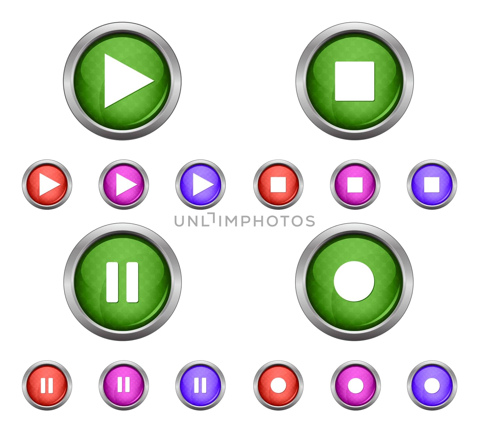 Set of isolated glossy vector web buttons. Beautiful internet buttons isolated on white background. Play, pause, start, record.